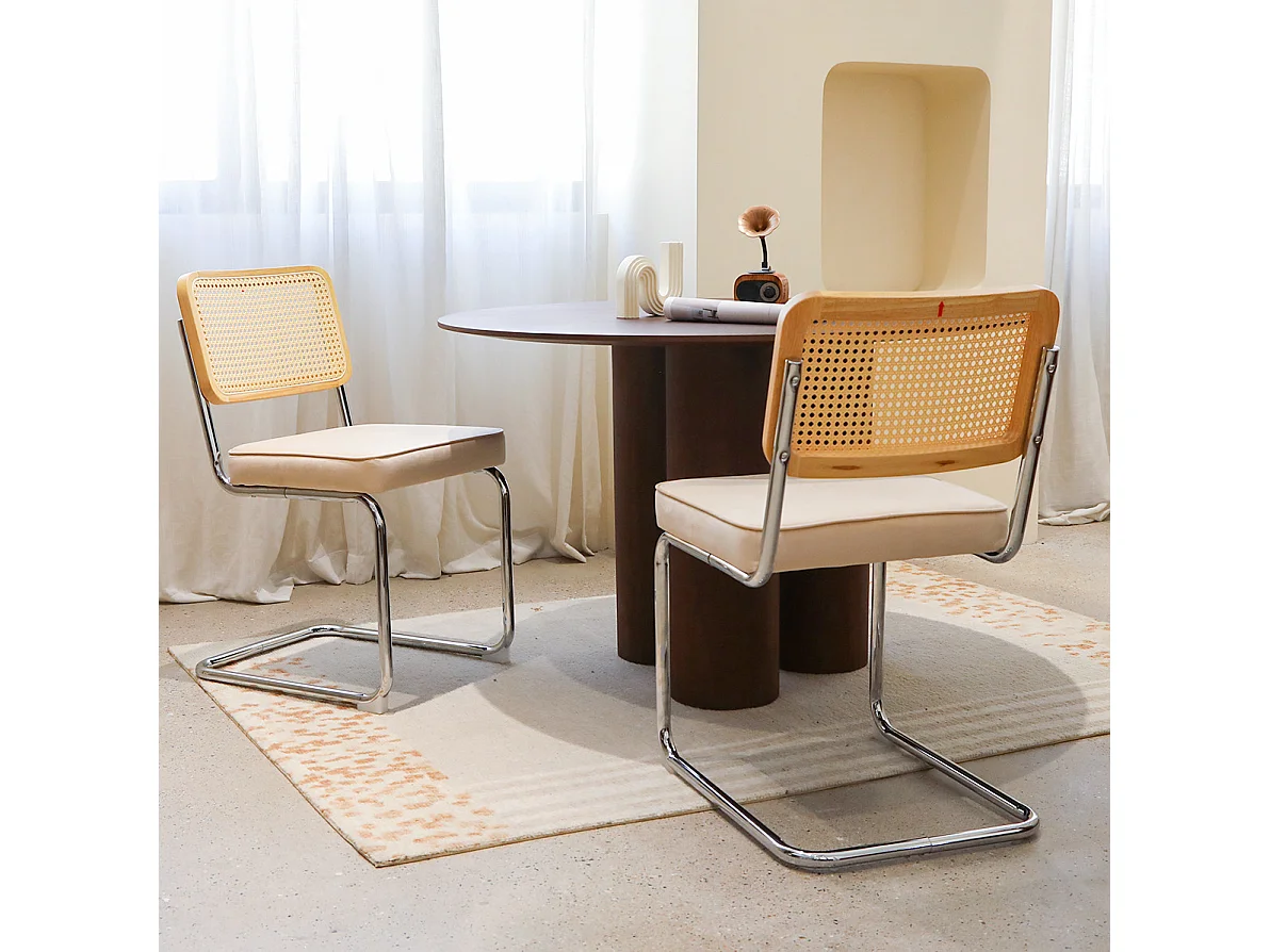 Lot de 4 chaises avec pieds chromés - Velours et rotin - Beige