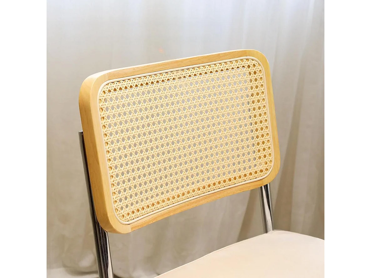 Lot de 4 chaises avec pieds chromés - Velours et rotin - Beige