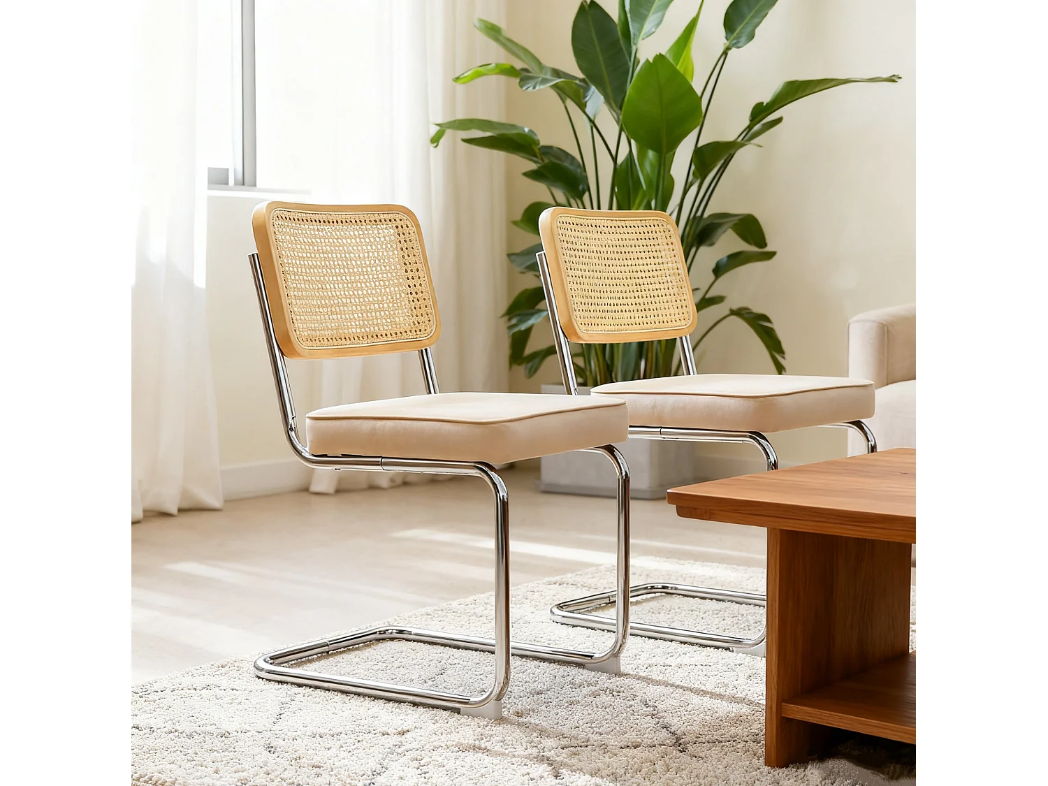 Lot de 4 chaises avec pieds chromés - Velours et rotin - Beige