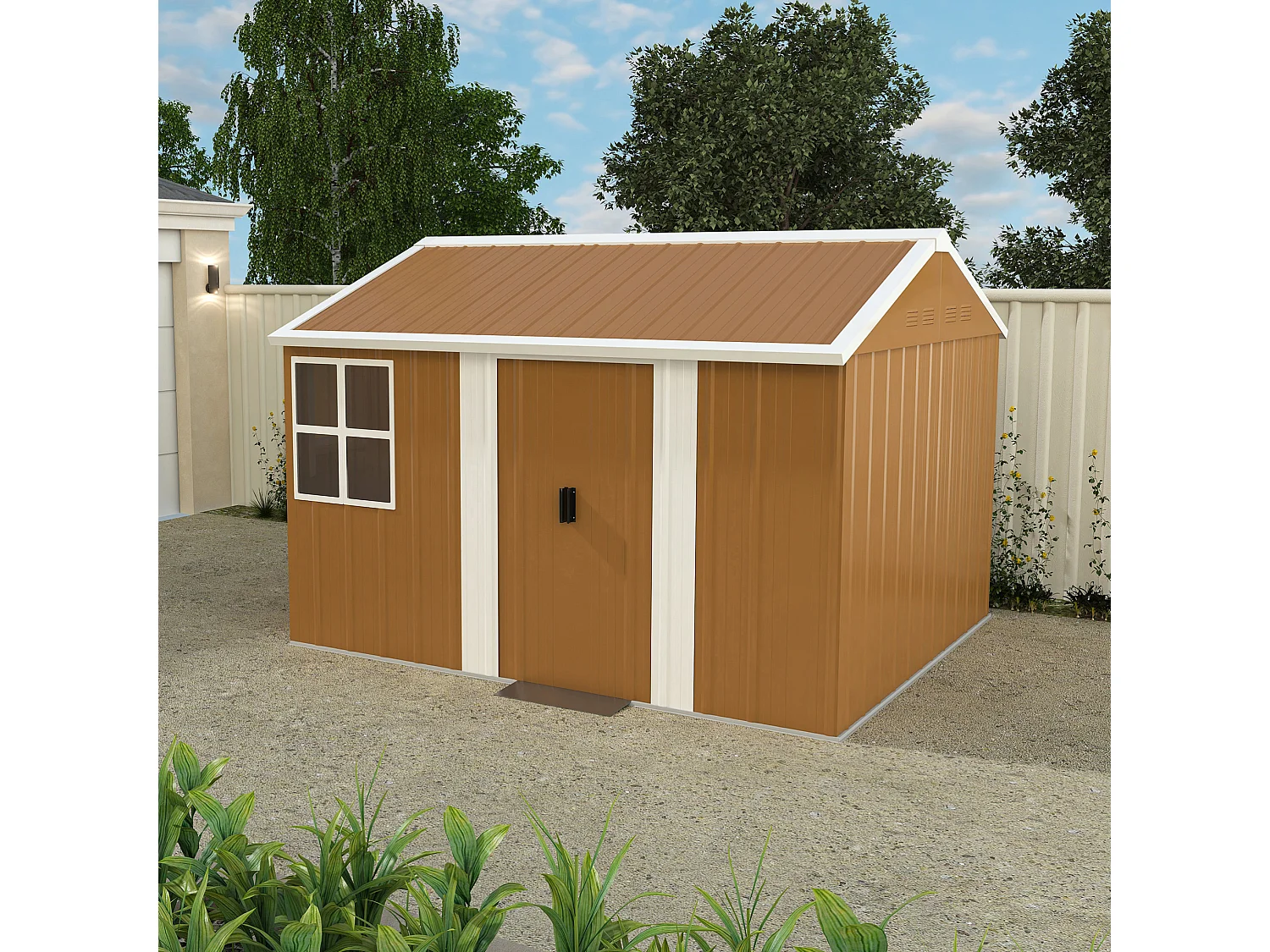 Abri de jardin en acier 300 x 240 cm avec porte verrouillable et ventilation - Sans plancher – Marron