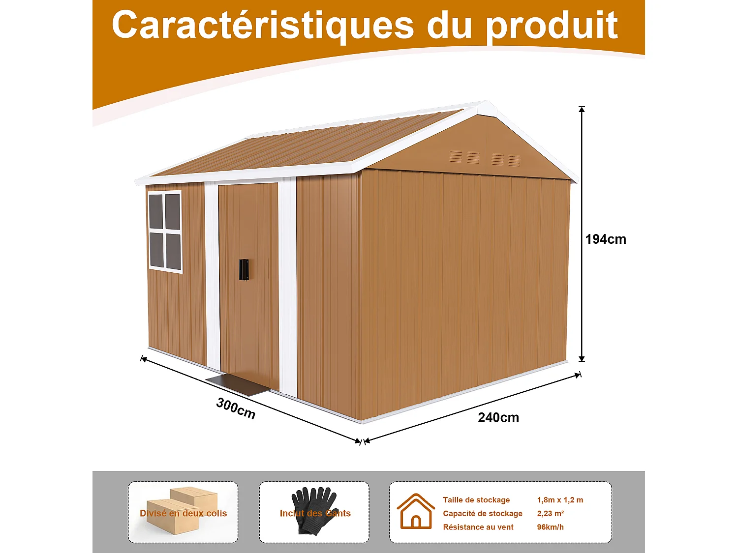 Abri de jardin en acier 300 x 240 cm avec porte verrouillable et ventilation - Sans plancher – Marron