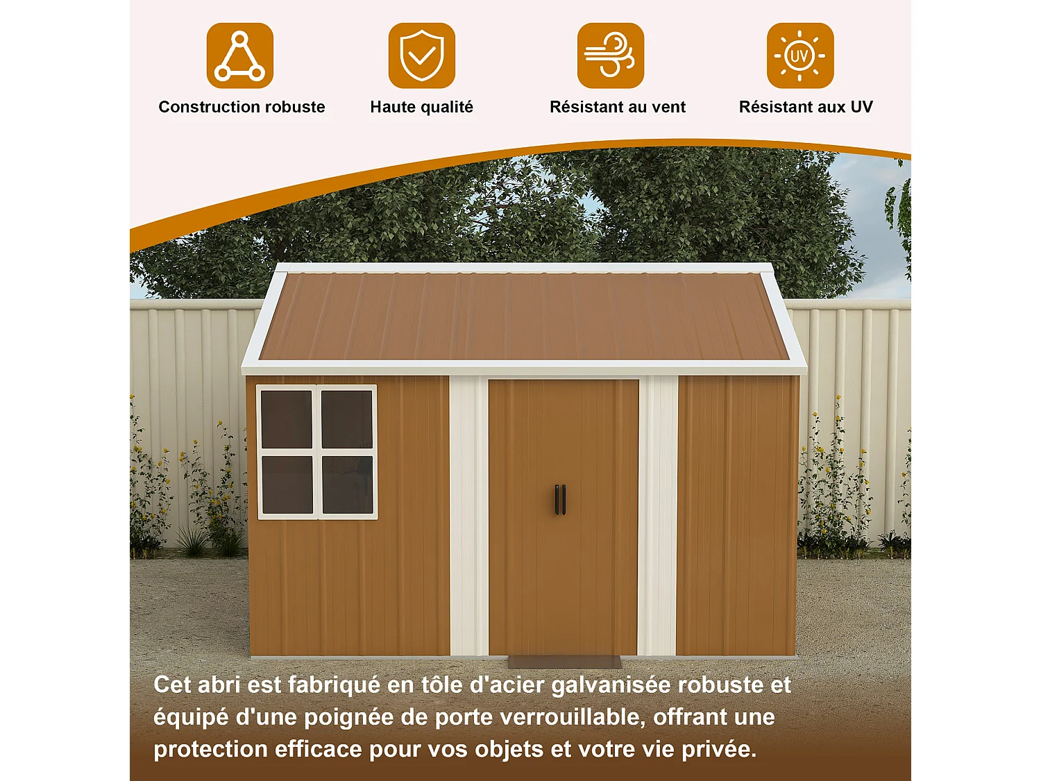 Abri de jardin en acier 300 x 240 cm avec porte verrouillable et ventilation - Sans plancher – Marron