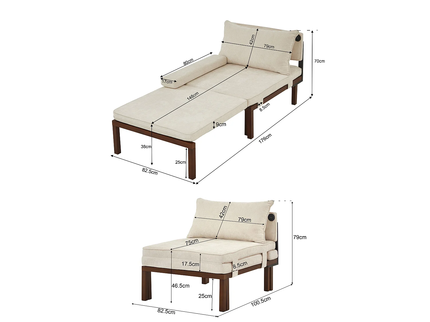 Fauteuil convertible 2-en-1 avec fonction couchage et USB / Type-C - Tissu beige