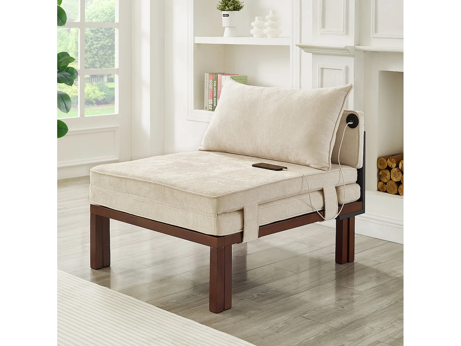 Fauteuil convertible 2-en-1 avec fonction couchage et USB / Type-C - Tissu beige