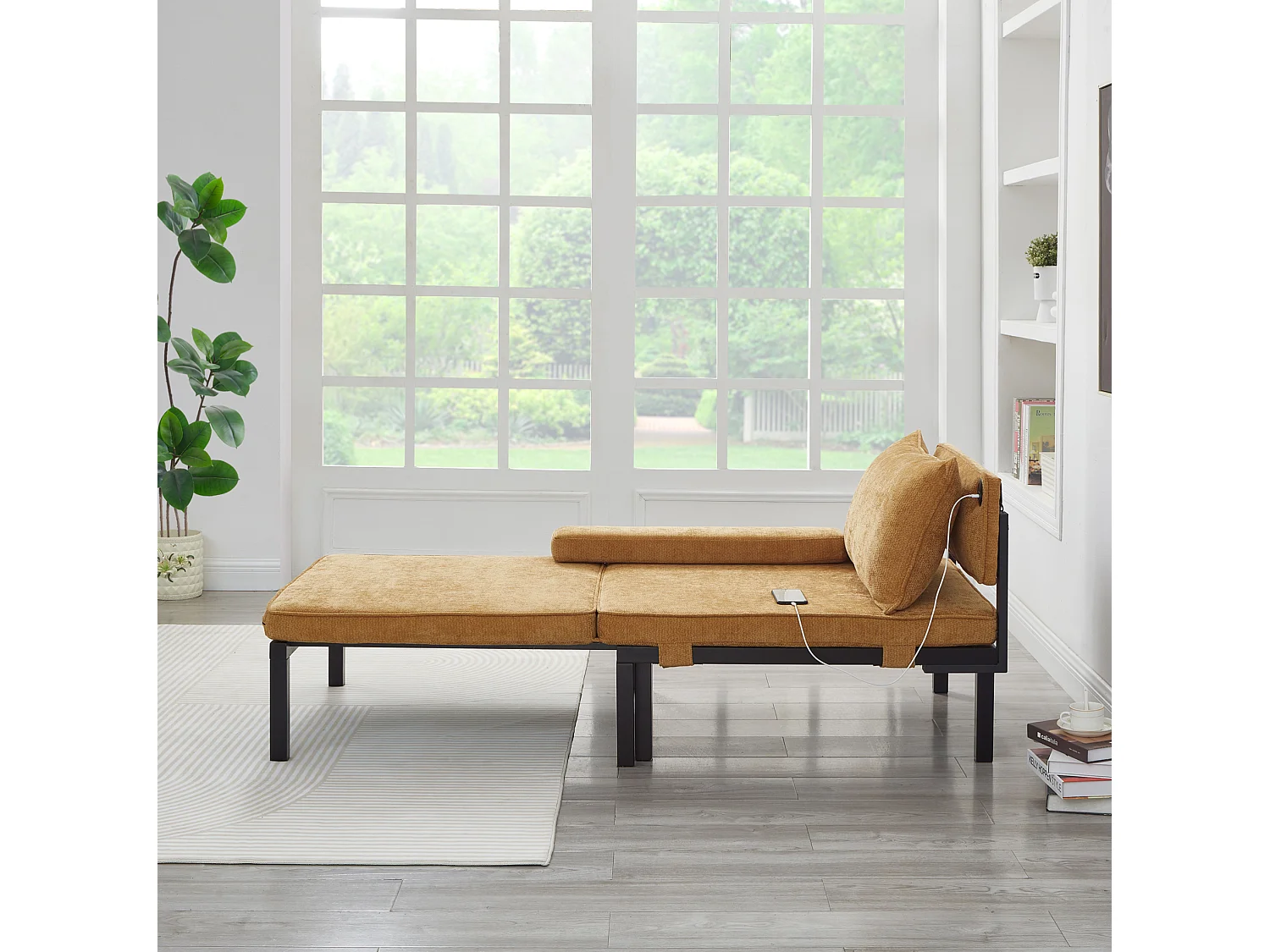 Fauteuil convertible 2-en-1 avec fonction couchage et USB / Type-C - Tissu jaune
