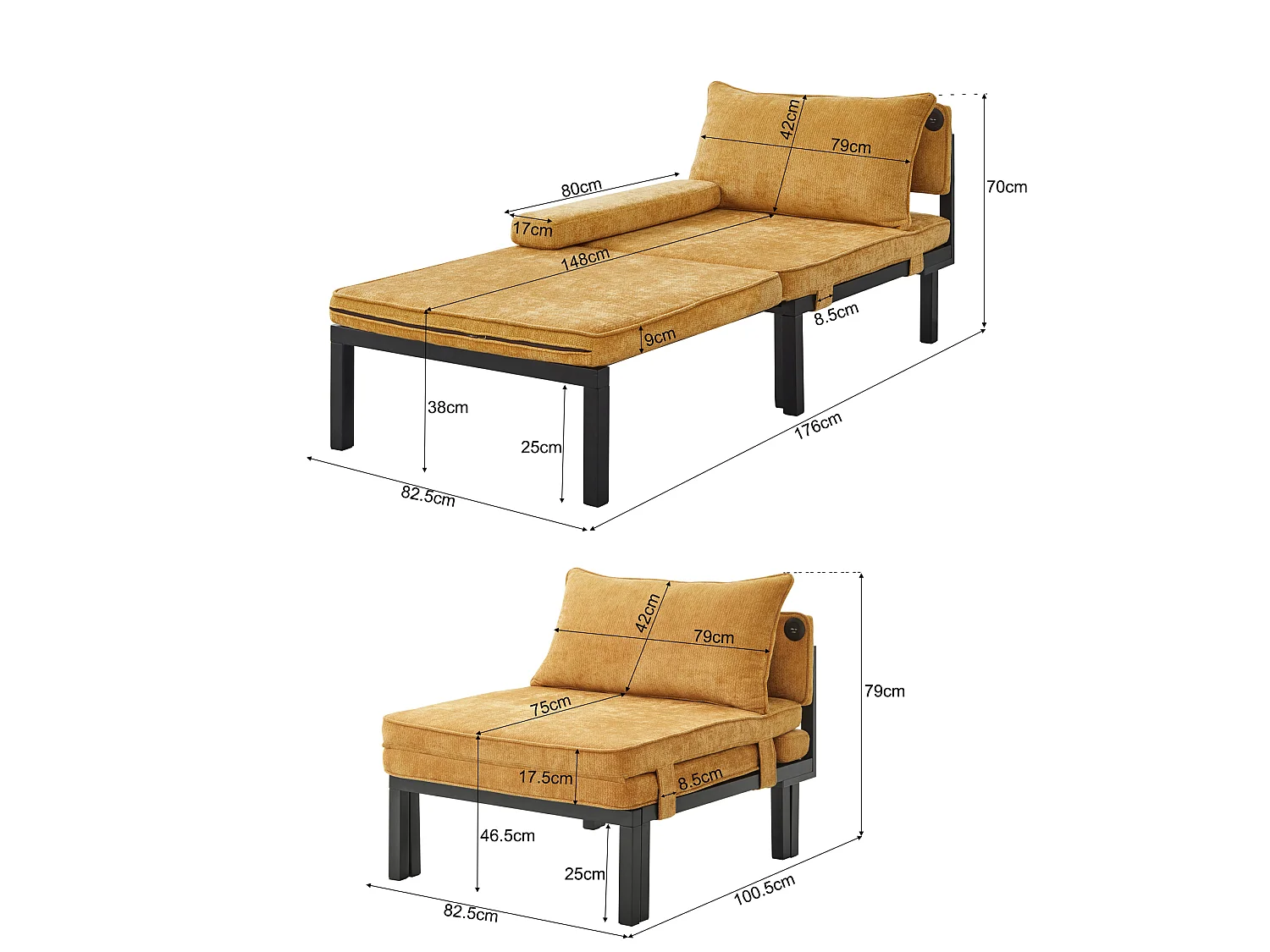 Fauteuil convertible 2-en-1 avec fonction couchage et USB / Type-C - Tissu jaune