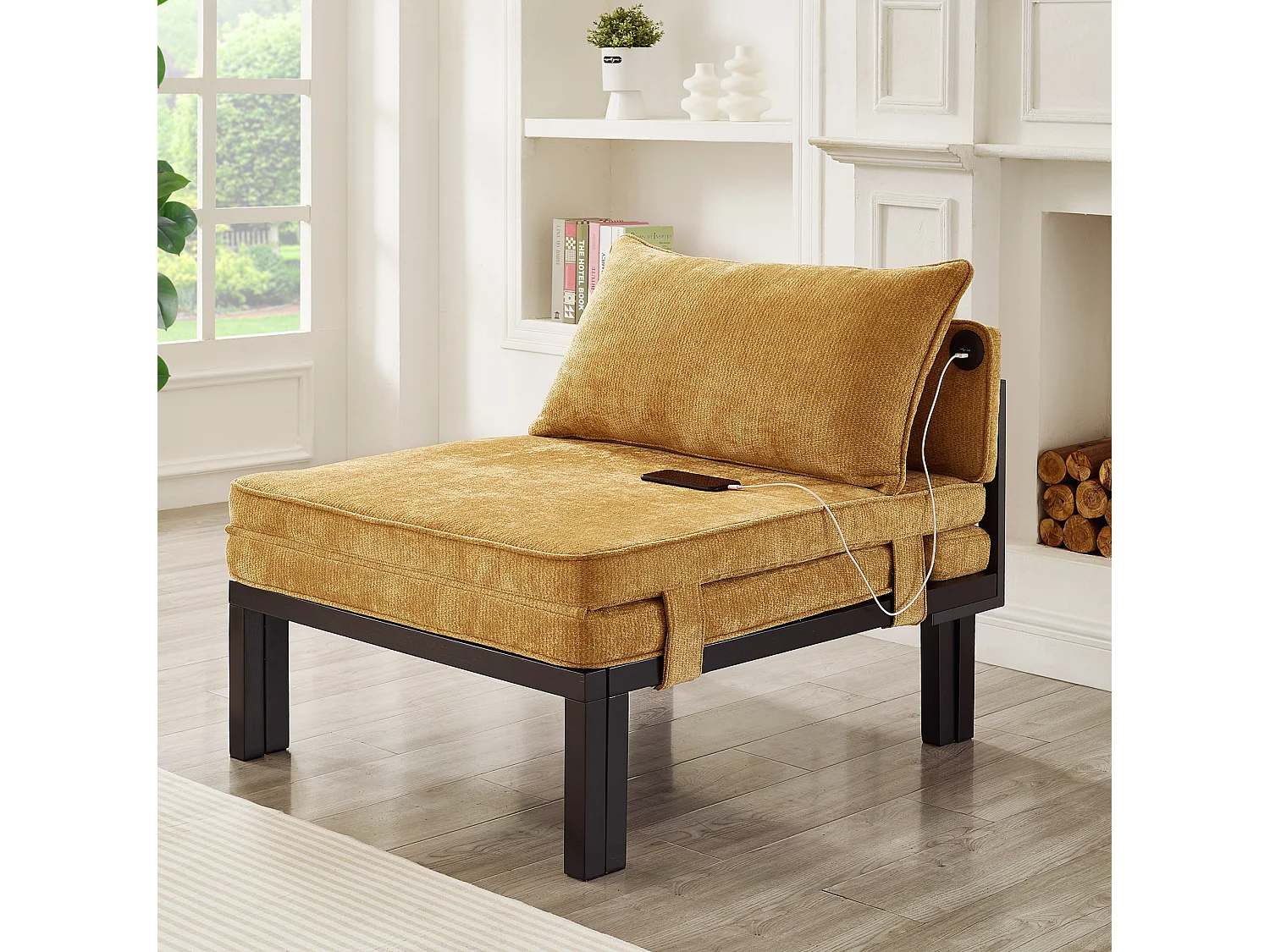 Fauteuil convertible 2-en-1 avec fonction couchage et USB / Type-C - Tissu jaune