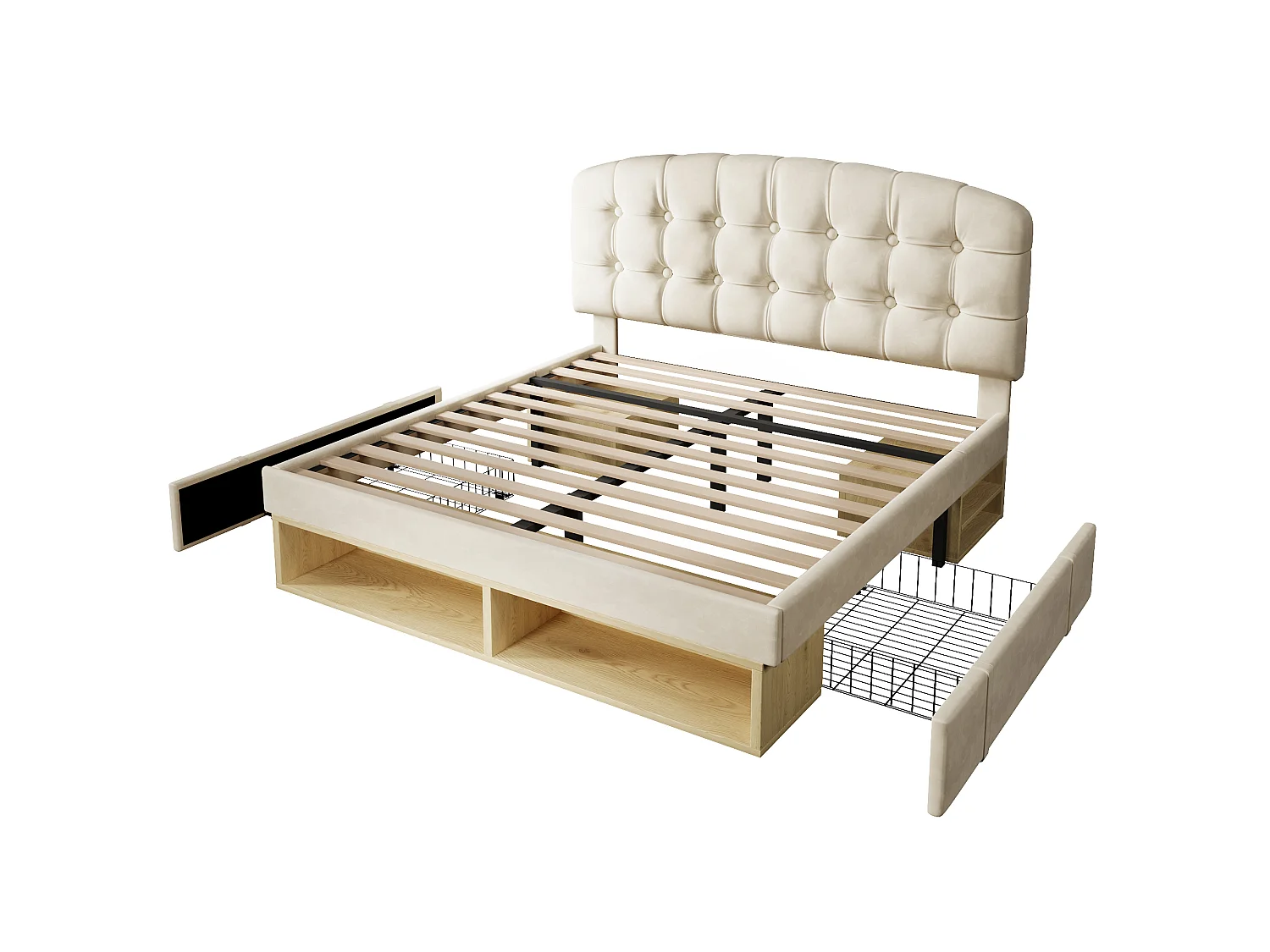 Lit double capitonné velours beige 140x190, avec sommier à lattes, tête de lit incurvée réglable, tiroirs de rangement, sans matelas