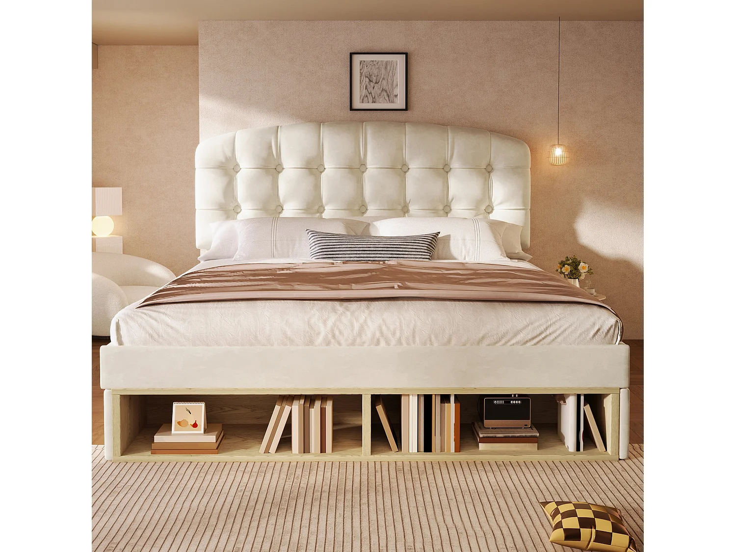Lit double capitonné velours beige 140x190, avec sommier à lattes, tête de lit incurvée réglable, tiroirs de rangement, sans matelas