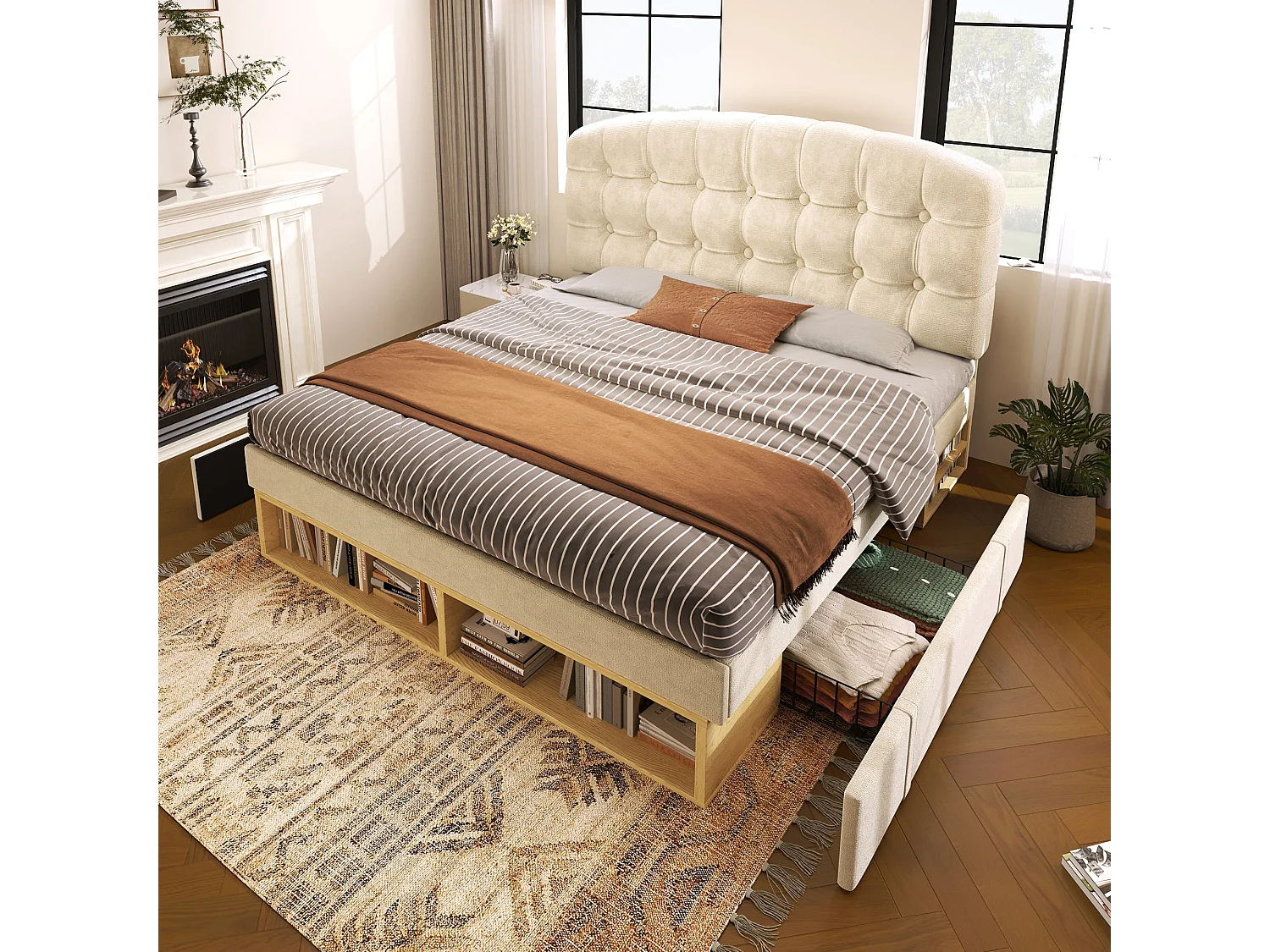 Lit double capitonné velours beige 140x190, avec sommier à lattes, tête de lit incurvée réglable, tiroirs de rangement, sans matelas