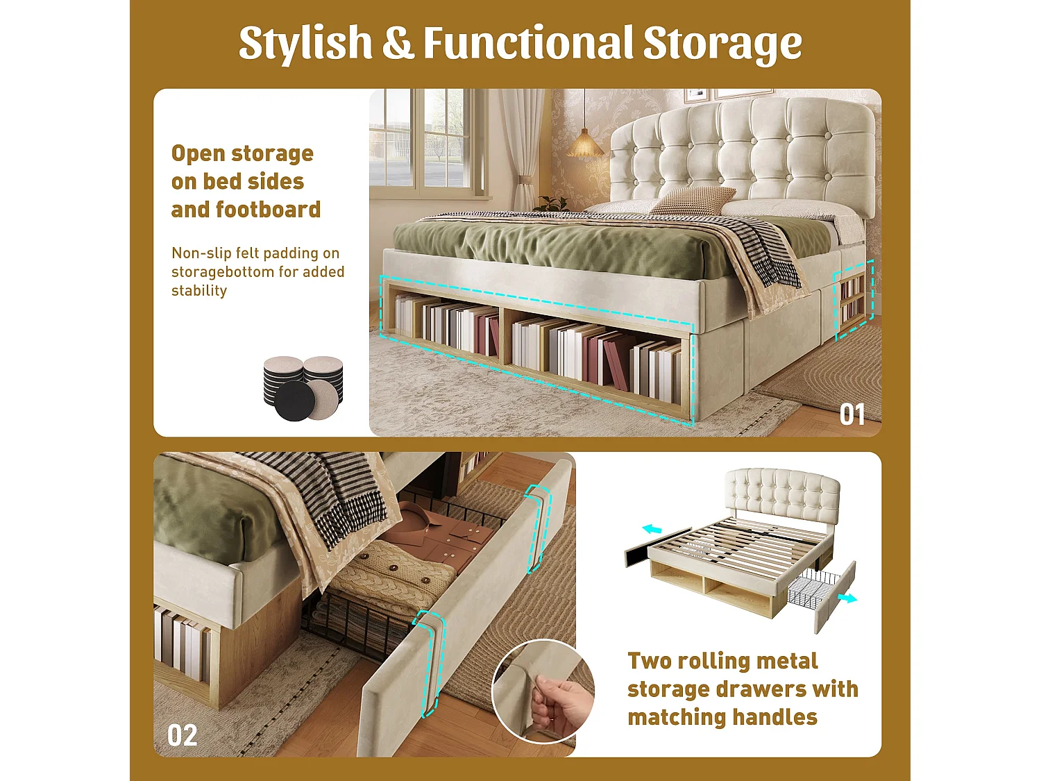 Lit double capitonné velours beige 140x190, avec sommier à lattes, tête de lit incurvée réglable, tiroirs de rangement, sans matelas