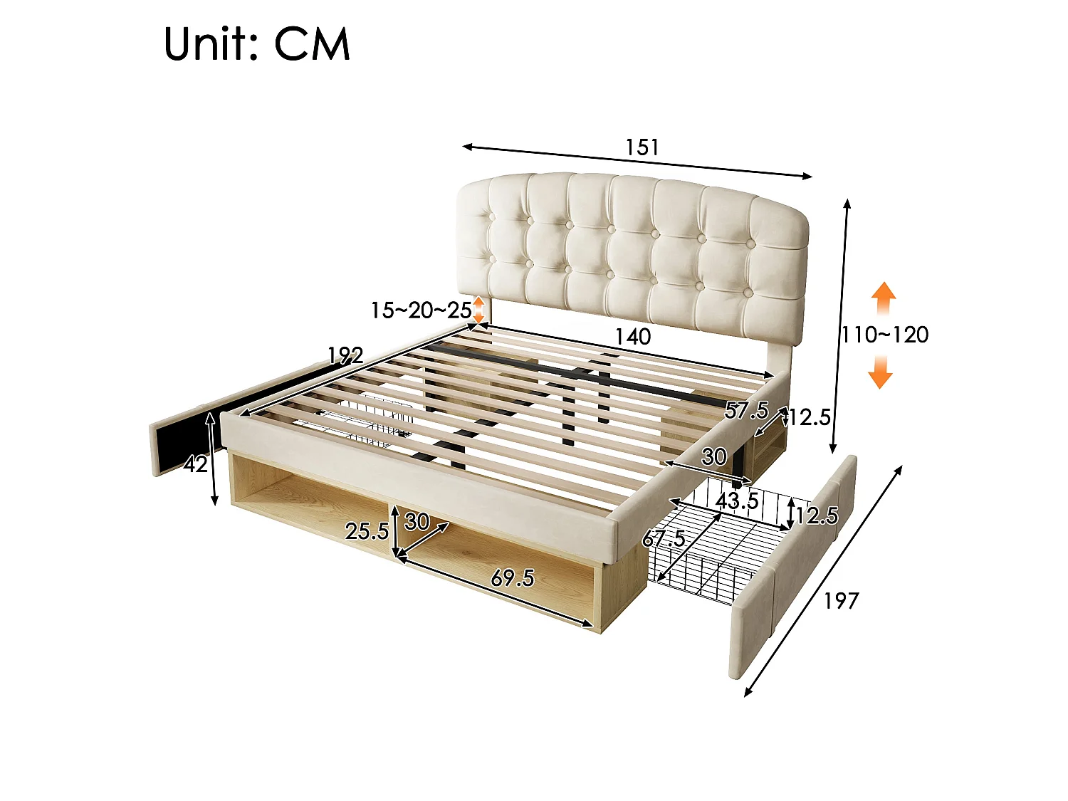 Lit double capitonné velours beige 140x190, avec sommier à lattes, tête de lit incurvée réglable, tiroirs de rangement, sans matelas