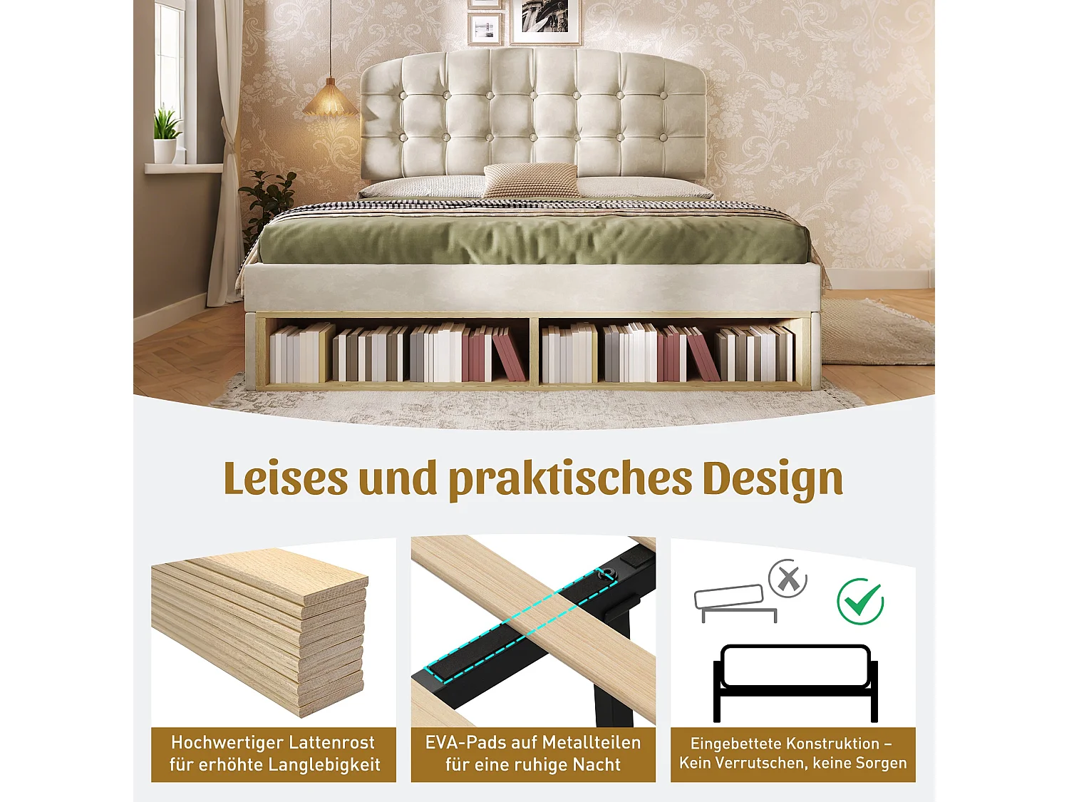 Lit double capitonné velours beige 140x190, avec sommier à lattes, tête de lit incurvée réglable, tiroirs de rangement, sans matelas