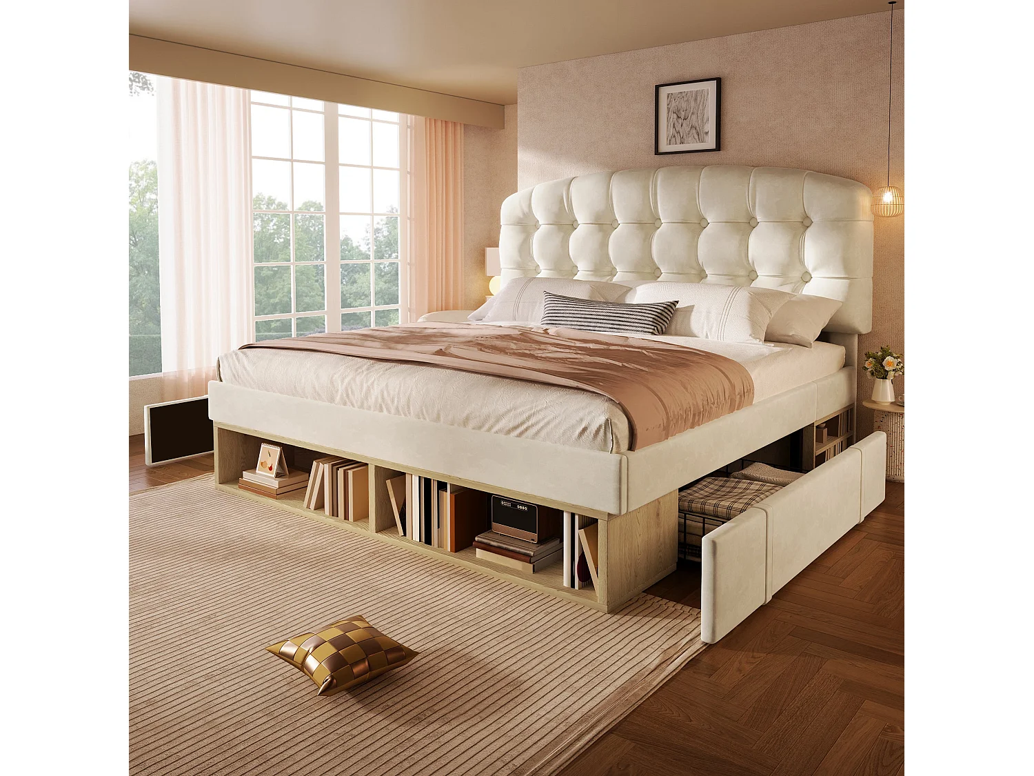 Lit double capitonné velours beige 140x190, avec sommier à lattes, tête de lit incurvée réglable, tiroirs de rangement, sans matelas