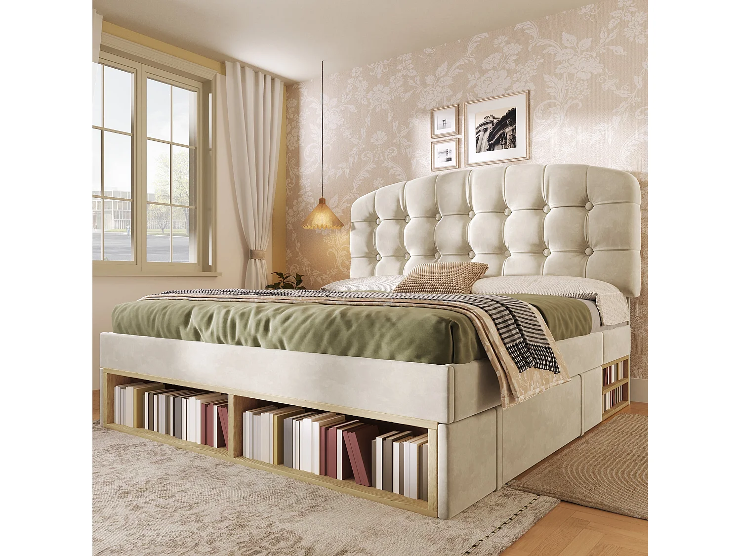 Lit double capitonné velours beige 140x190, avec sommier à lattes, tête de lit incurvée réglable, tiroirs de rangement, sans matelas