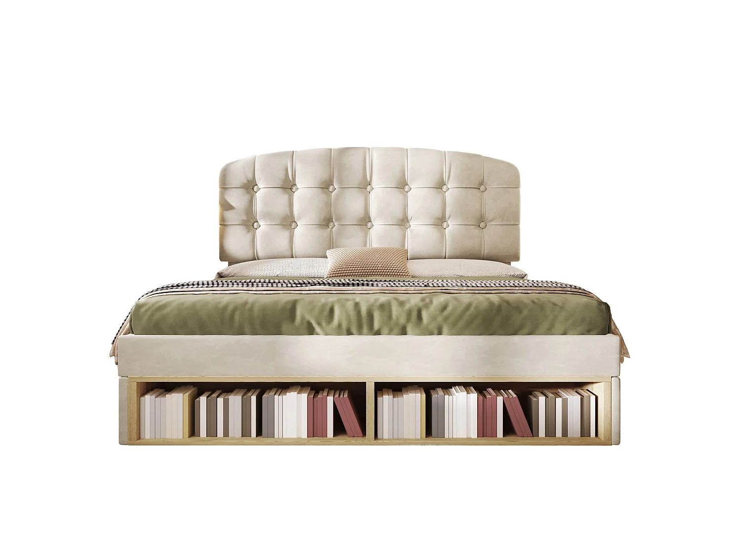 Lit double capitonné velours beige 140x190, avec sommier à lattes, tête de lit incurvée réglable, tiroirs de rangement, sans matelas