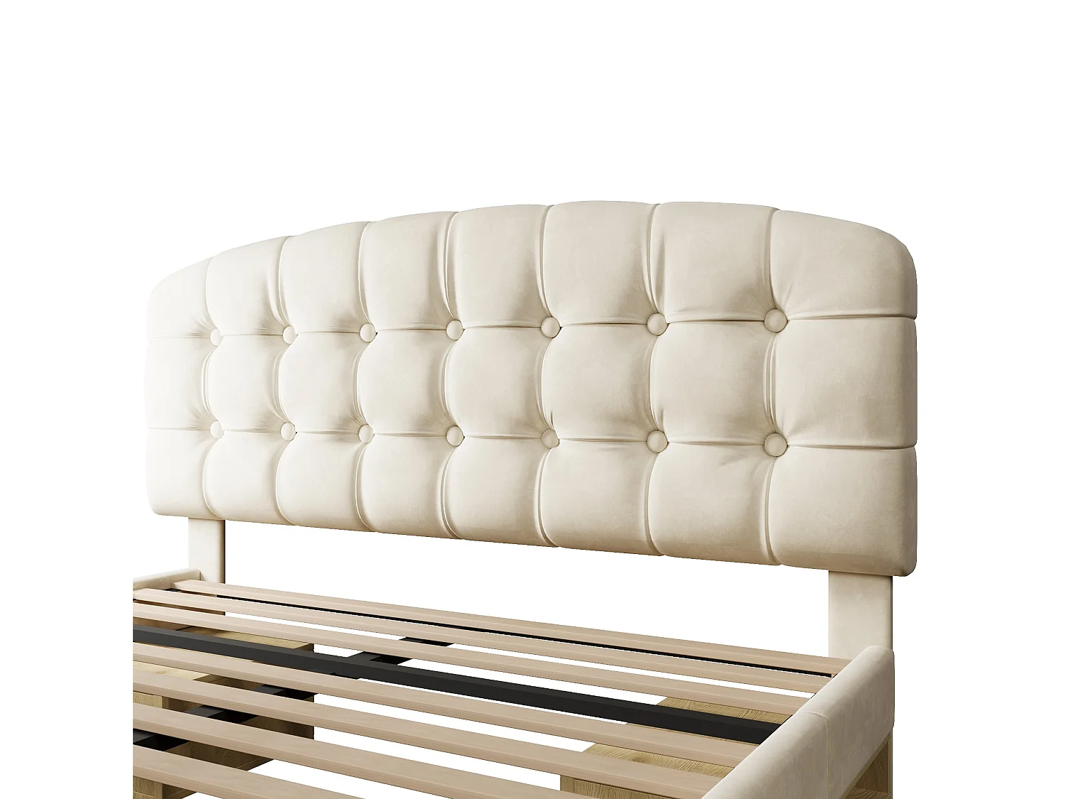 Lit double capitonné velours beige 140x190, avec sommier à lattes, tête de lit incurvée réglable, tiroirs de rangement, sans matelas