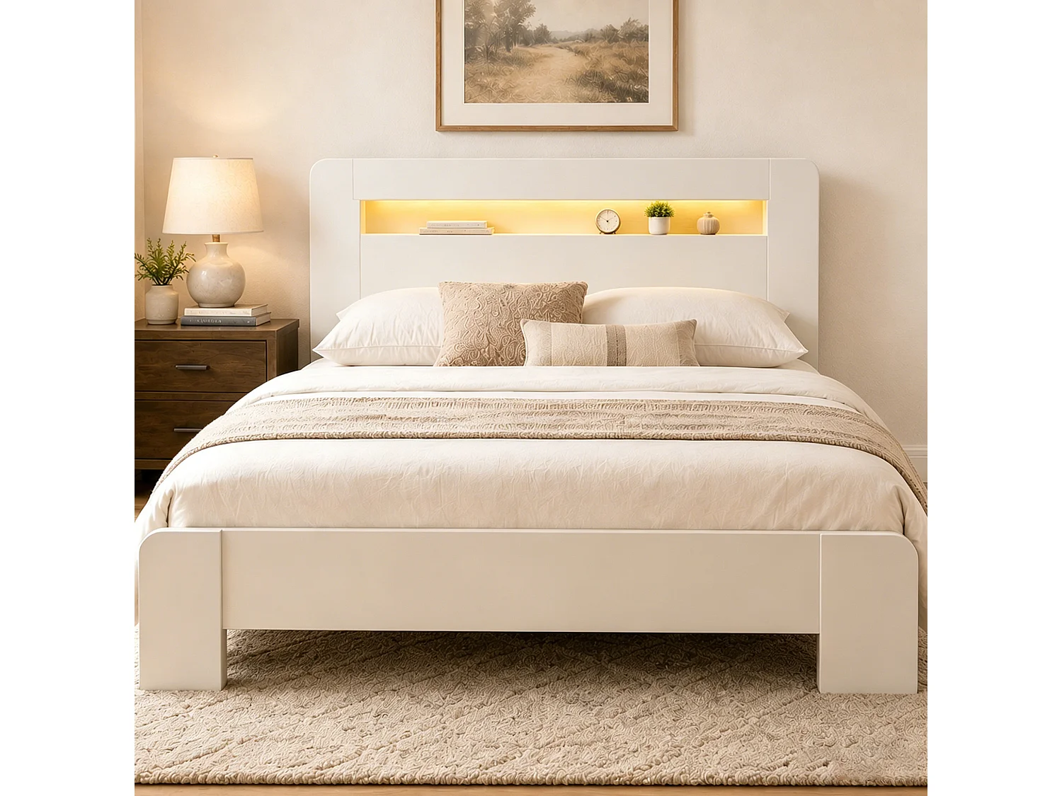 Cama adulta de 140x200 cm con almacenamiento, iluminación LED integrada y tomas de corriente - Color blanco