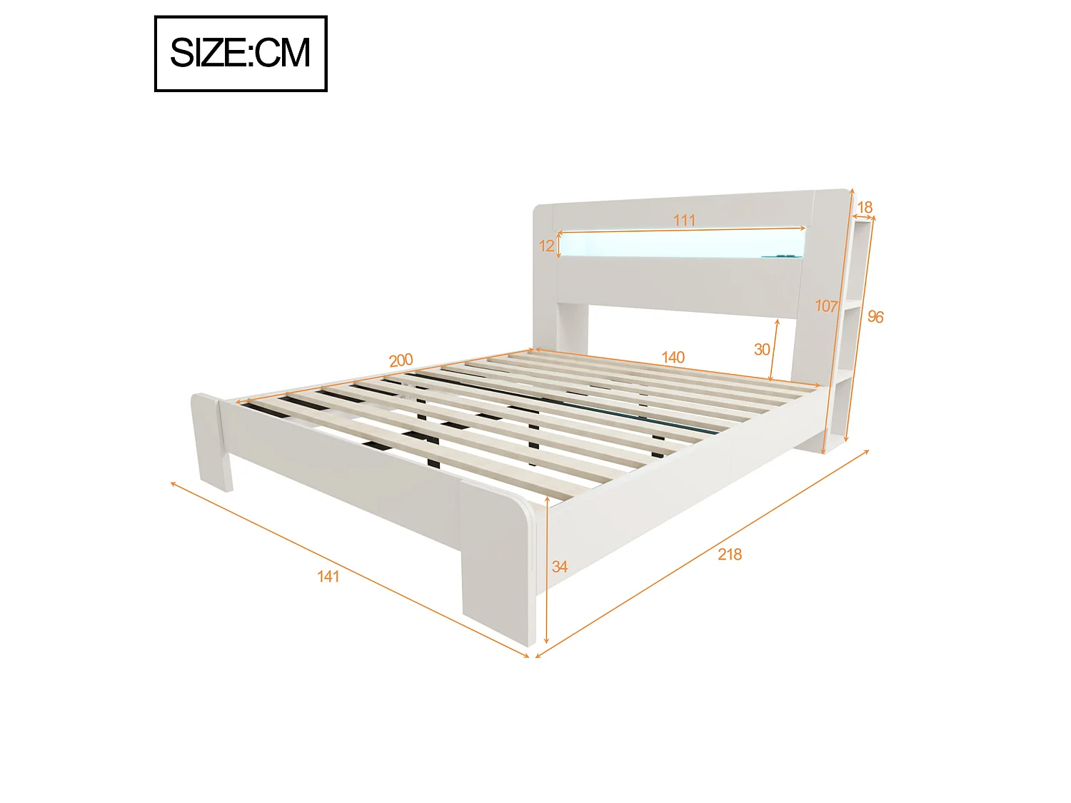 Cama adulta de 140x200 cm con almacenamiento, iluminación LED integrada y tomas de corriente - Color blanco