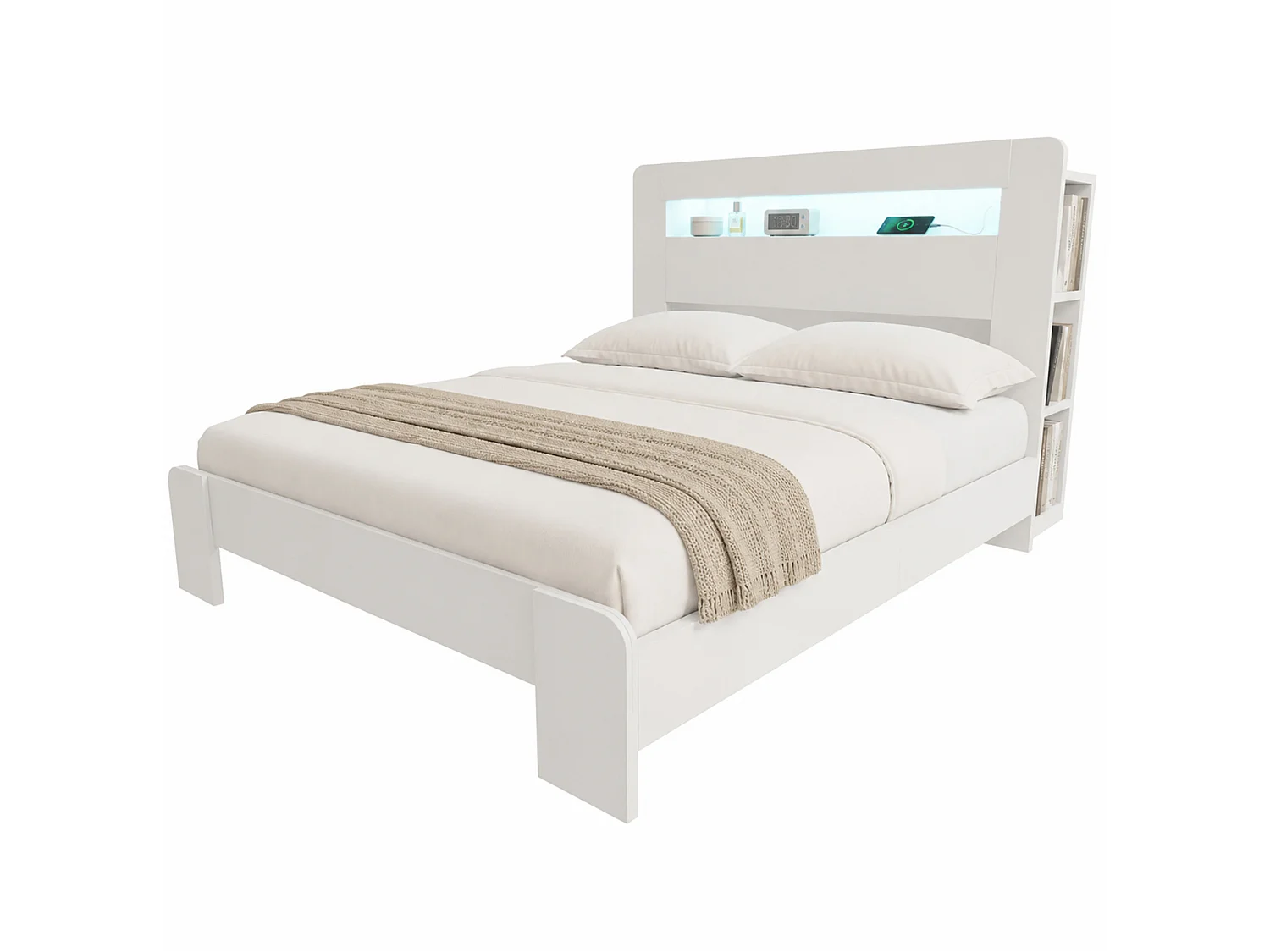 Cama adulta de 140x200 cm con almacenamiento, iluminación LED integrada y tomas de corriente - Color blanco