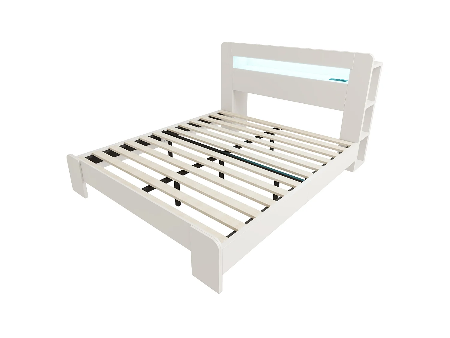 Cama adulta de 140x200 cm con almacenamiento, iluminación LED integrada y tomas de corriente - Color blanco