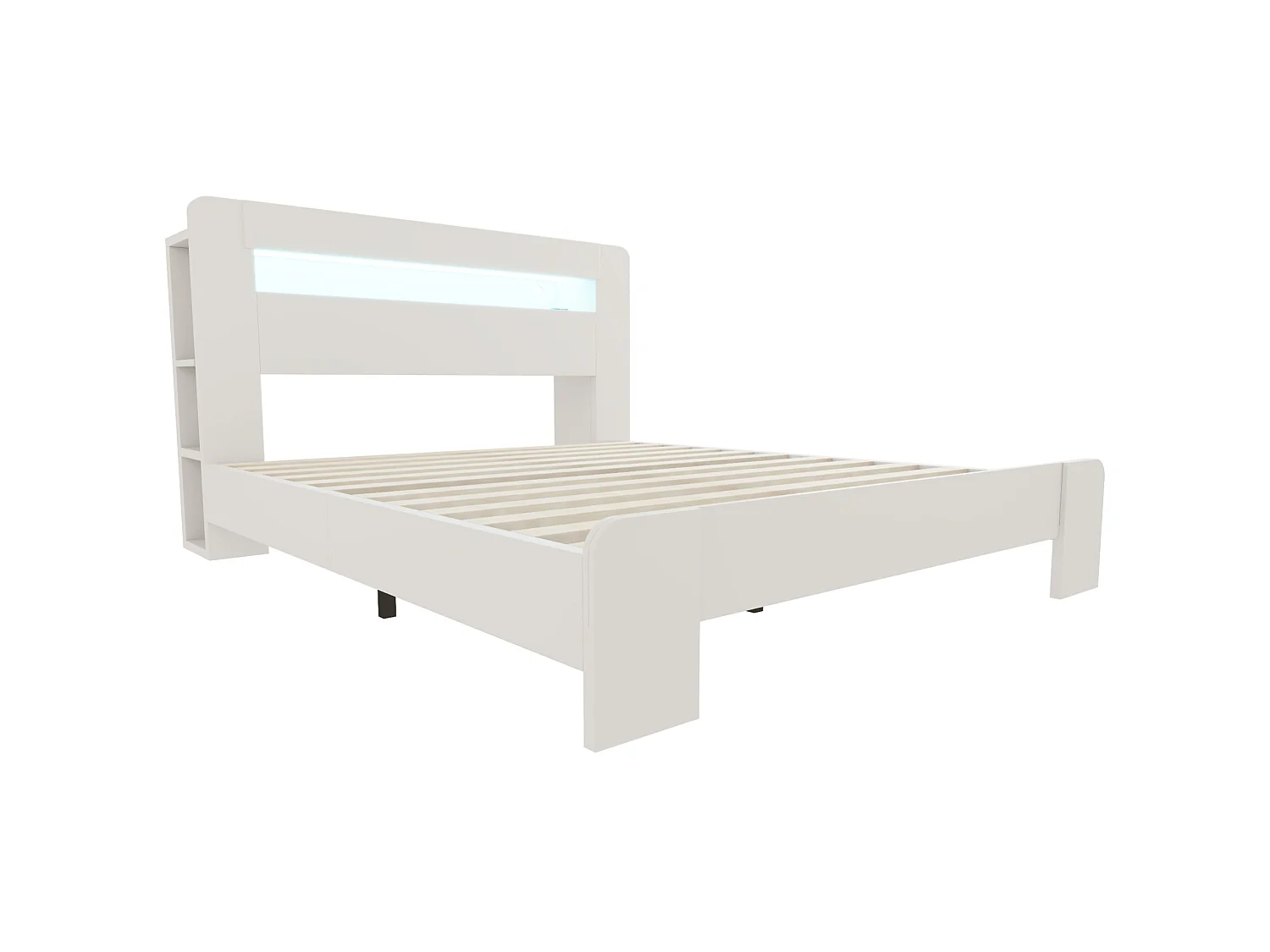 Cama adulta de 140x200 cm con almacenamiento, iluminación LED integrada y tomas de corriente - Color blanco