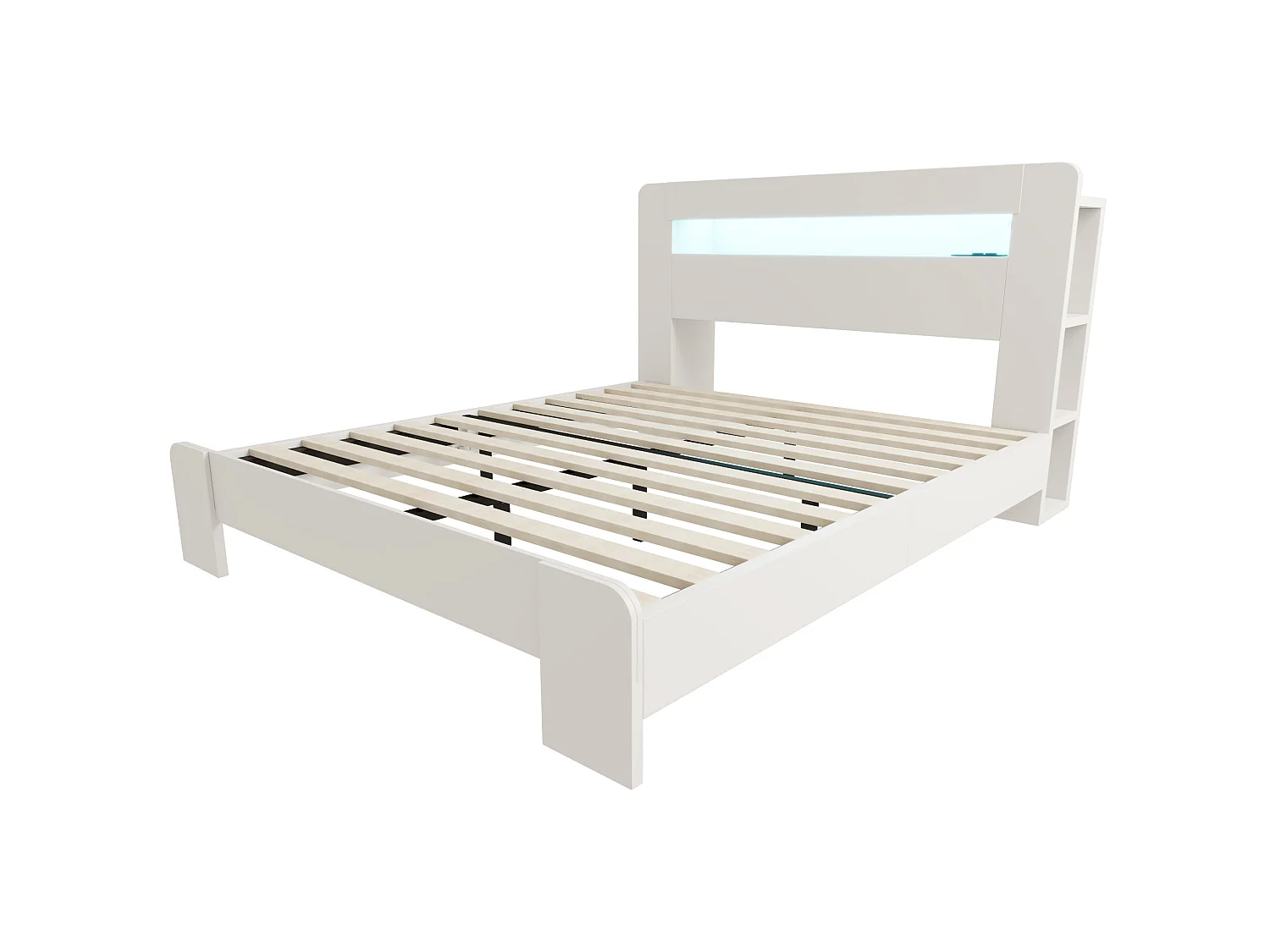 Cama adulta de 140x200 cm con almacenamiento, iluminación LED integrada y tomas de corriente - Color blanco