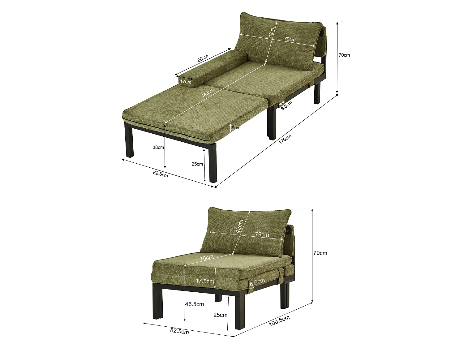 Fauteuil convertible 2-en-1 avec fonction couchage et USB / Type-C - Tissu vert
