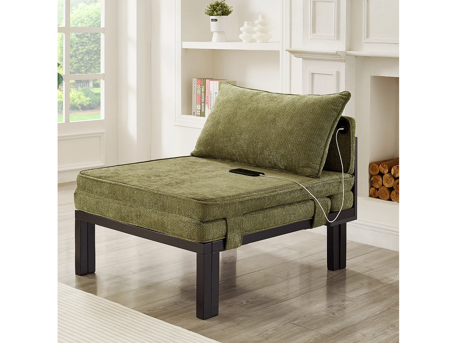 Fauteuil convertible 2-en-1 avec fonction couchage et USB / Type-C - Tissu vert