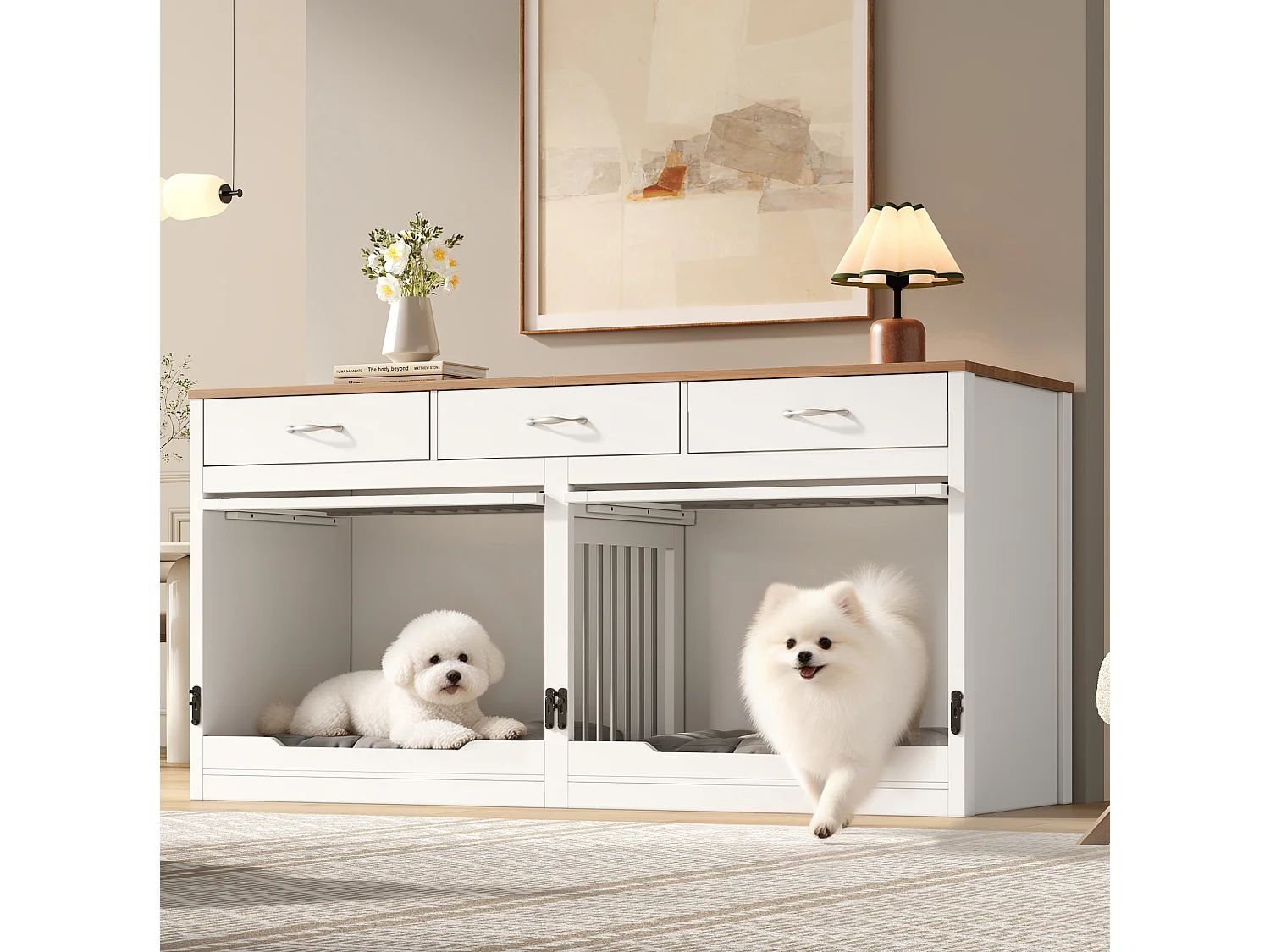 Jaula de madera y metal para 2 perros con cerradura y 3 cajones - Blanco y madera, 164 × 60 × 81 cm