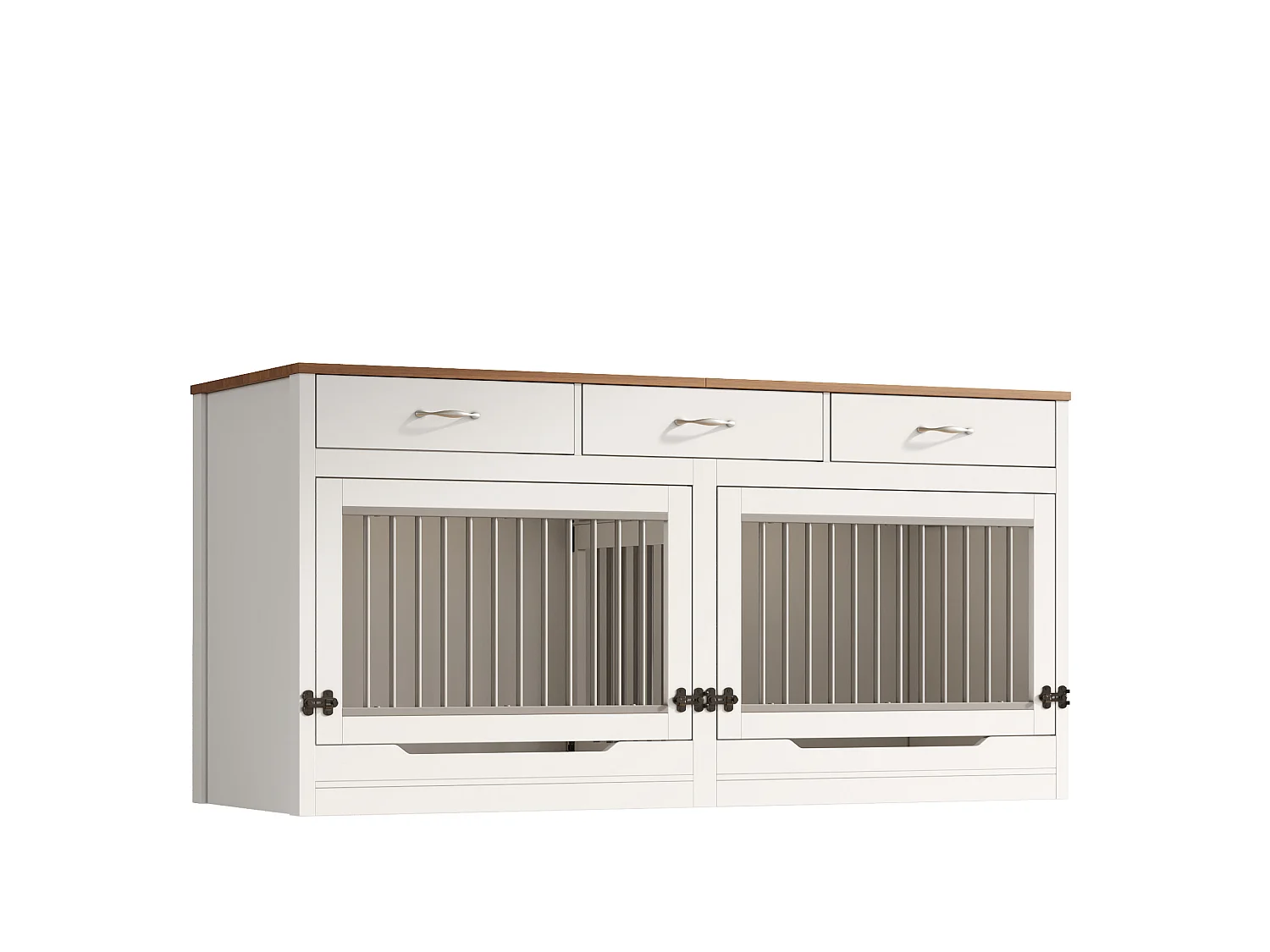 Jaula de madera y metal para 2 perros con cerradura y 3 cajones - Blanco y madera, 164 × 60 × 81 cm