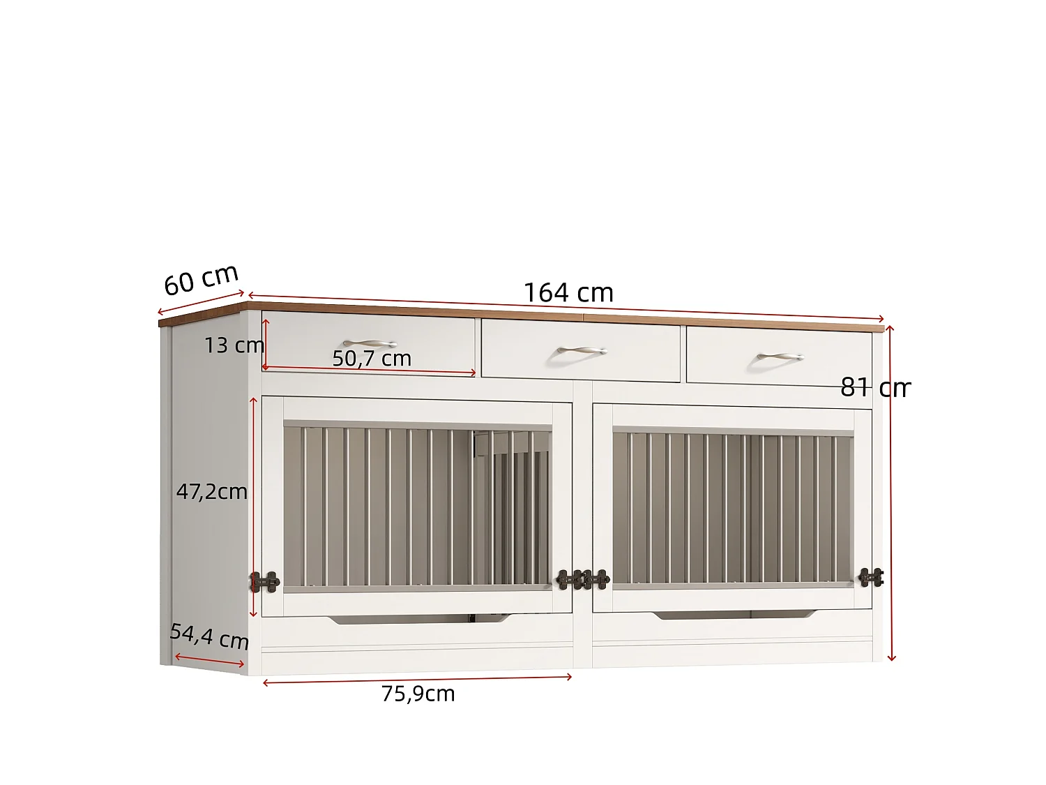 Jaula de madera y metal para 2 perros con cerradura y 3 cajones - Blanco y madera, 164 × 60 × 81 cm