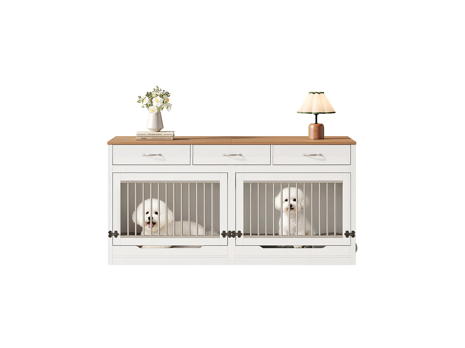 Jaula de madera y metal para 2 perros con cerradura y 3 cajones - Blanco y madera, 164 × 60 × 81 cm