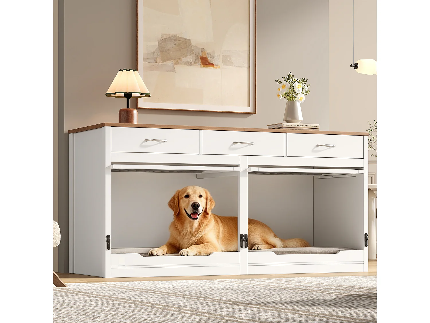 Jaula de madera y metal para 2 perros con cerradura y 3 cajones - Blanco y madera, 164 × 60 × 81 cm