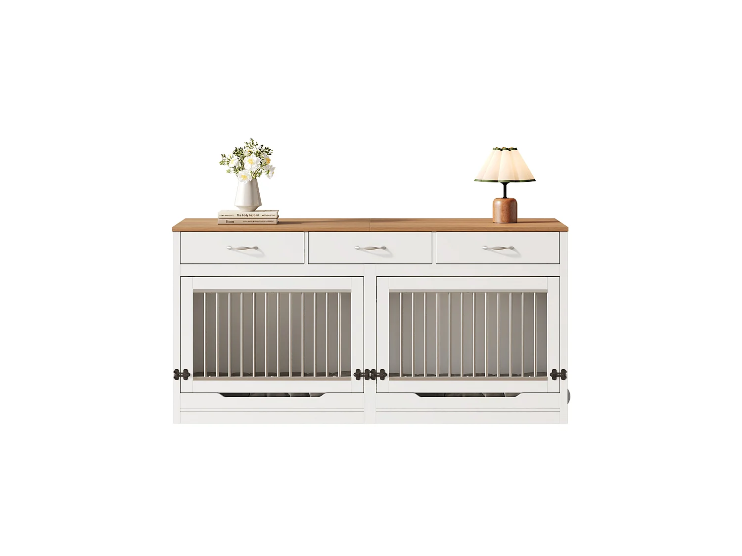 Jaula de madera y metal para 2 perros con cerradura y 3 cajones - Blanco y madera, 164 × 60 × 81 cm