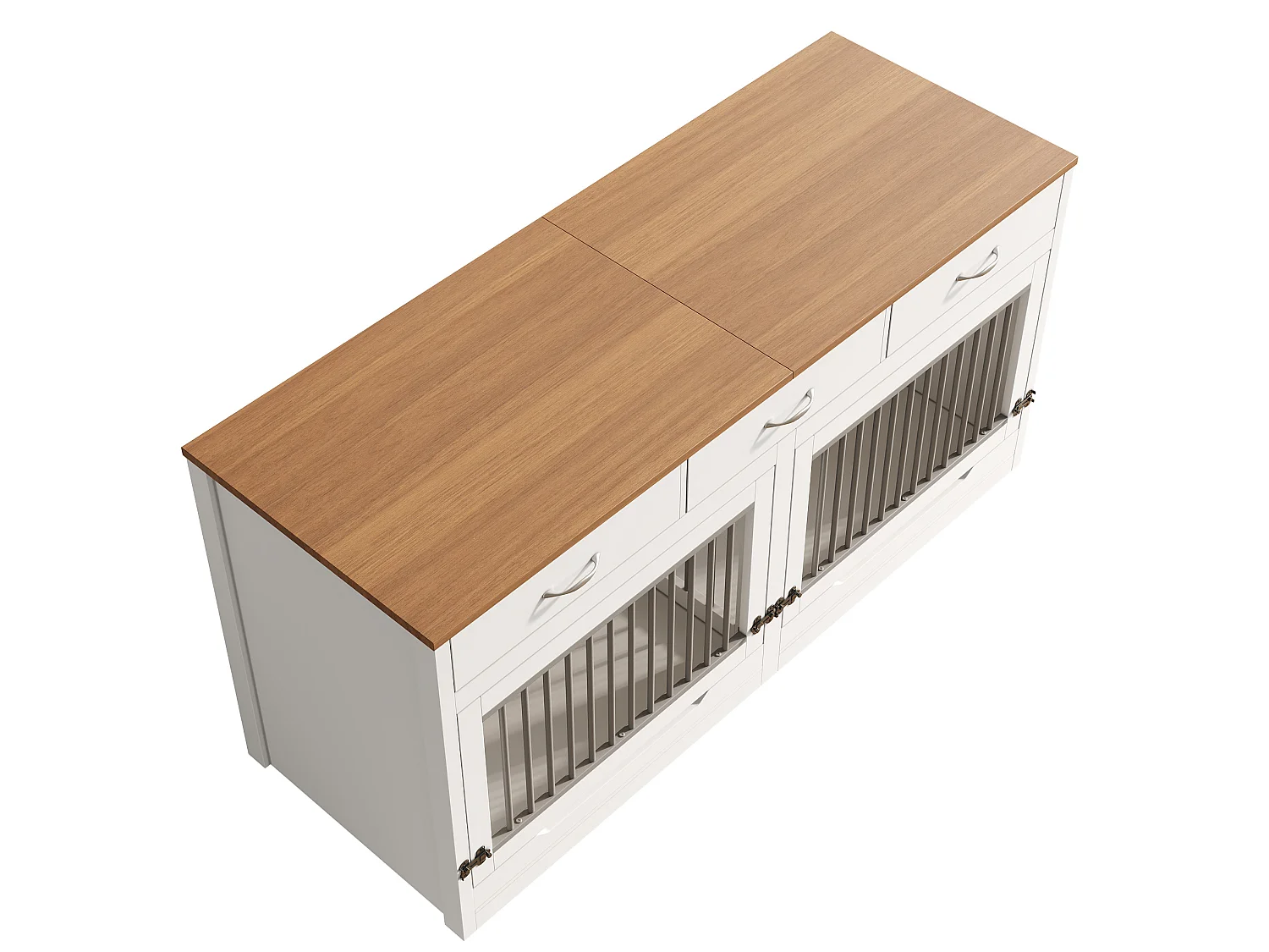 Jaula de madera y metal para 2 perros con cerradura y 3 cajones - Blanco y madera, 164 × 60 × 81 cm