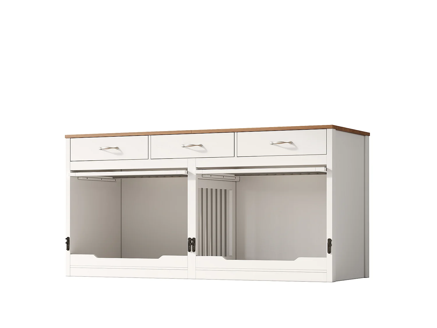 Jaula de madera y metal para 2 perros con cerradura y 3 cajones - Blanco y madera, 164 × 60 × 81 cm