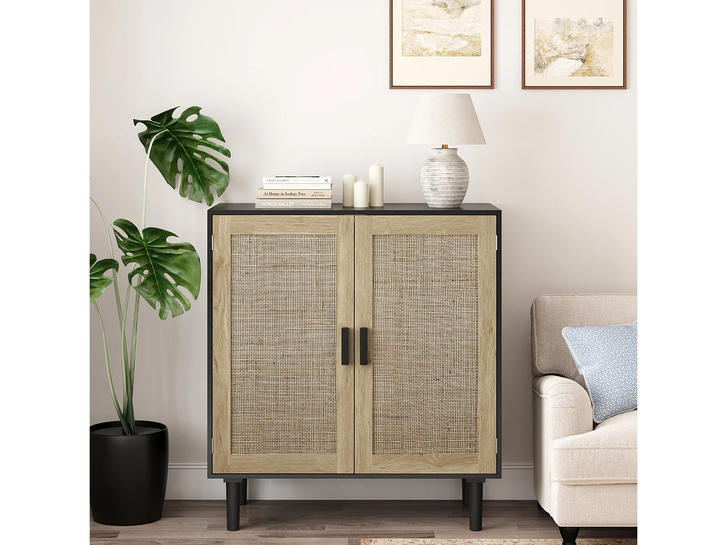 Buffet en rotin à 2 portes - Pour salon, salle à manger et couloir - Noir et bois 80 x 40 x 88 cm