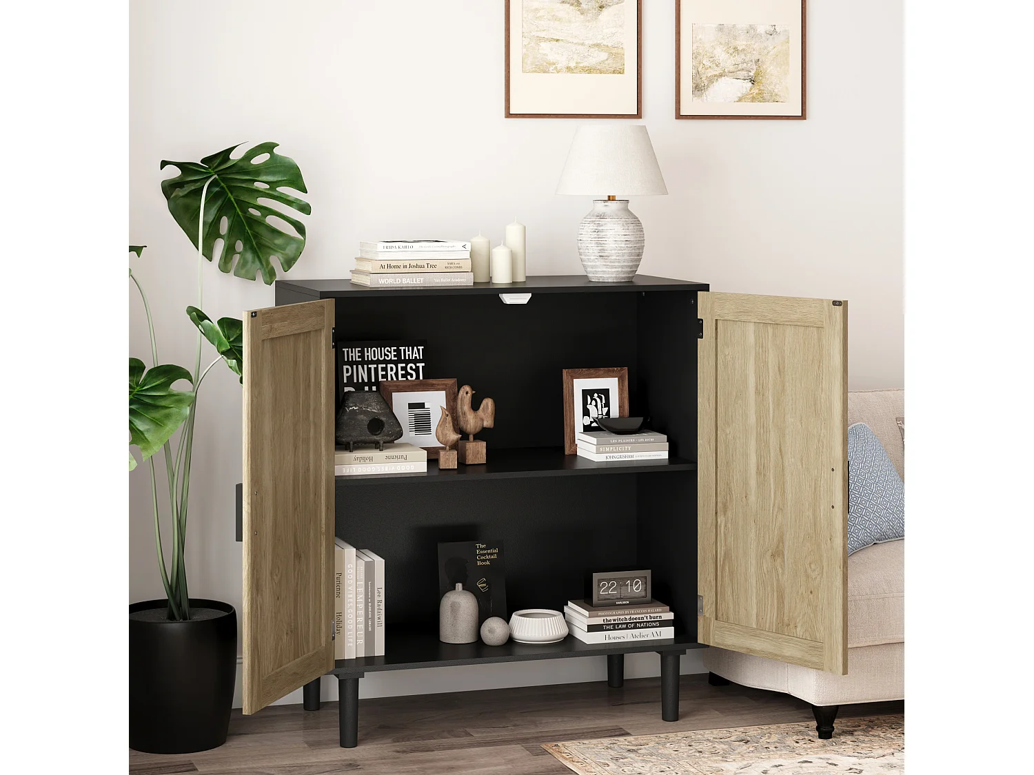Buffet en rotin à 2 portes - Pour salon, salle à manger et couloir - Noir et bois 80 x 40 x 88 cm
