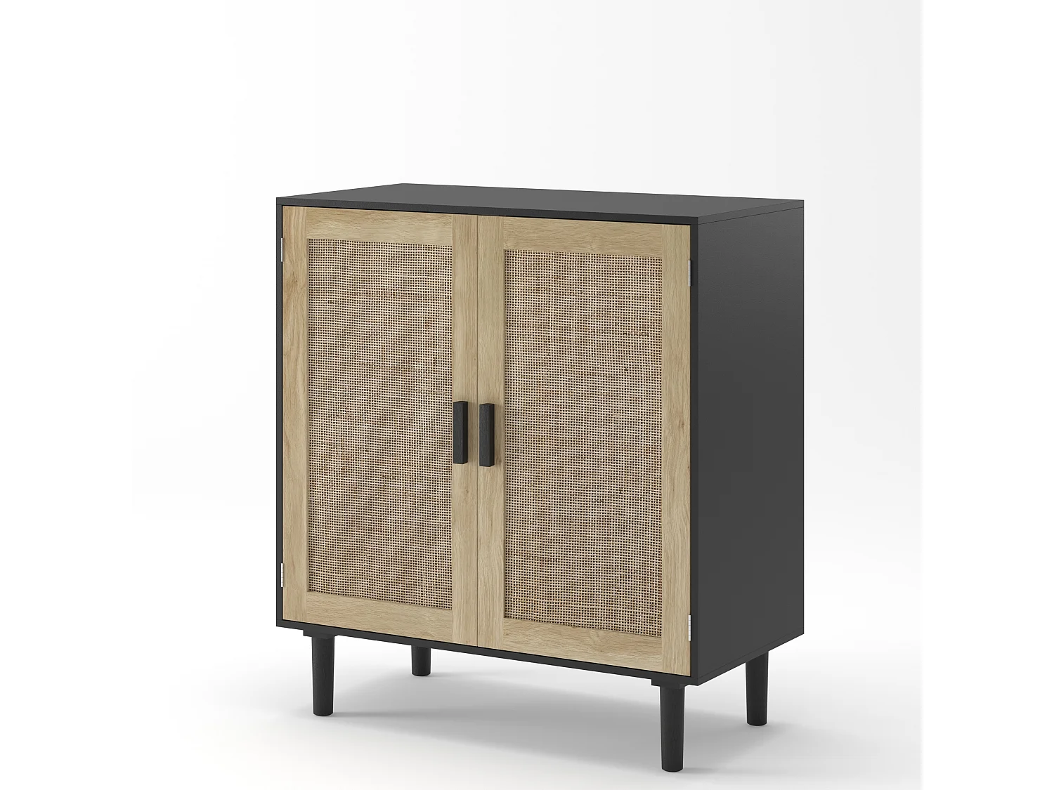 Buffet en rotin à 2 portes - Pour salon, salle à manger et couloir - Noir et bois 80 x 40 x 88 cm