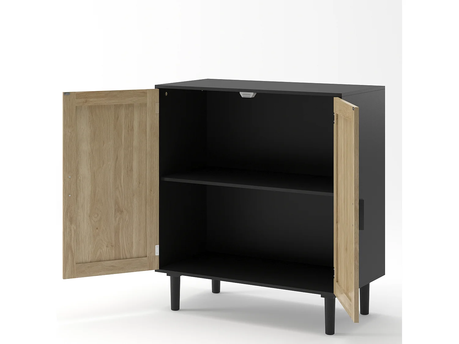 Buffet en rotin à 2 portes - Pour salon, salle à manger et couloir - Noir et bois 80 x 40 x 88 cm