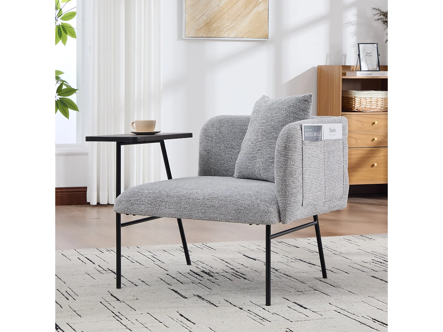 Fauteuil en chenille avec table d'appoint et 2 poches de rangement - Gris clair