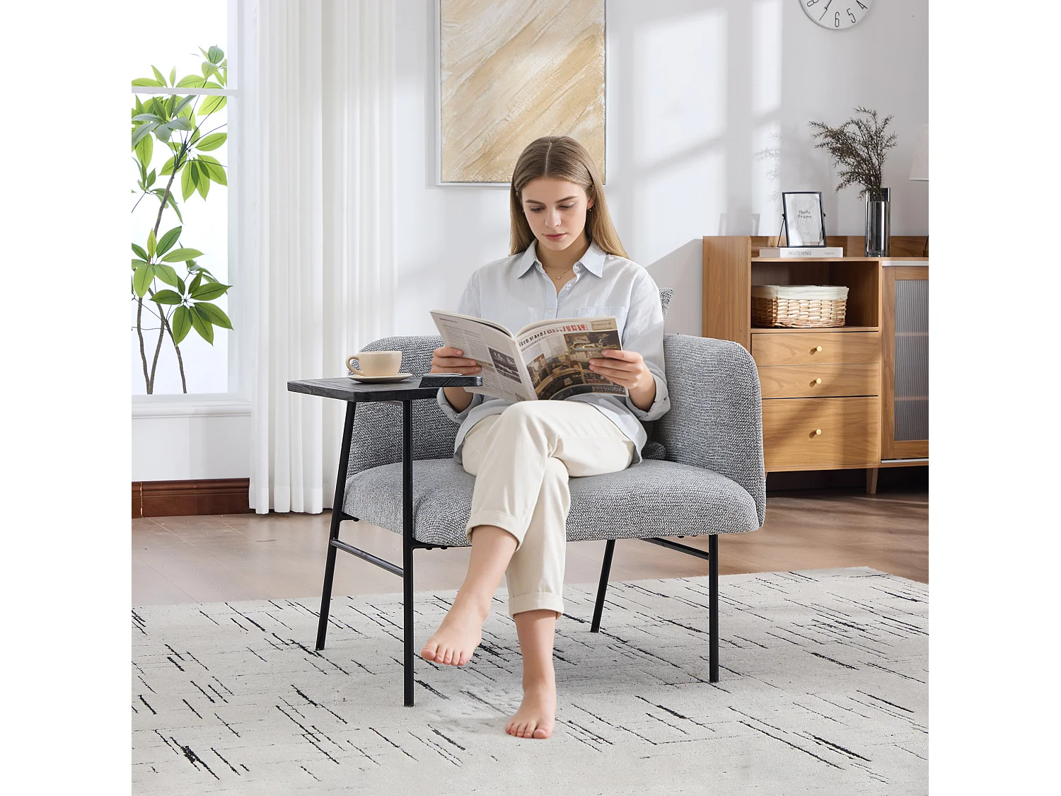 Fauteuil en chenille avec table d'appoint et 2 poches de rangement - Gris clair