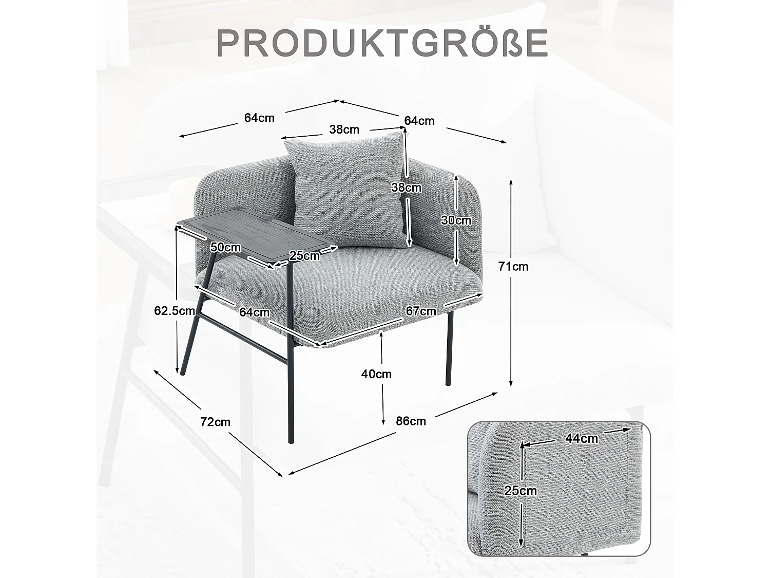 Fauteuil en chenille avec table d'appoint et 2 poches de rangement - Gris clair