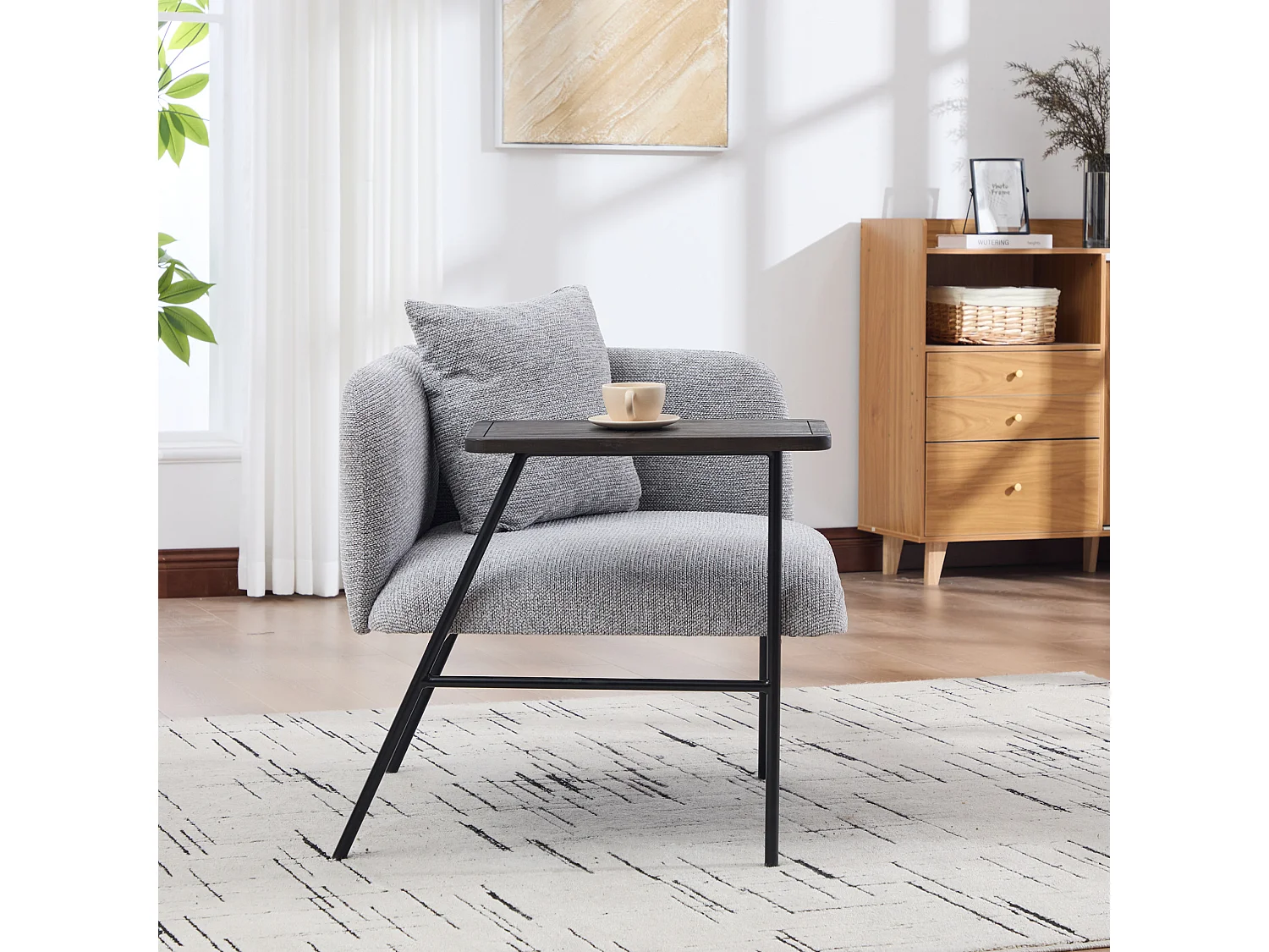 Fauteuil en chenille avec table d'appoint et 2 poches de rangement - Gris clair