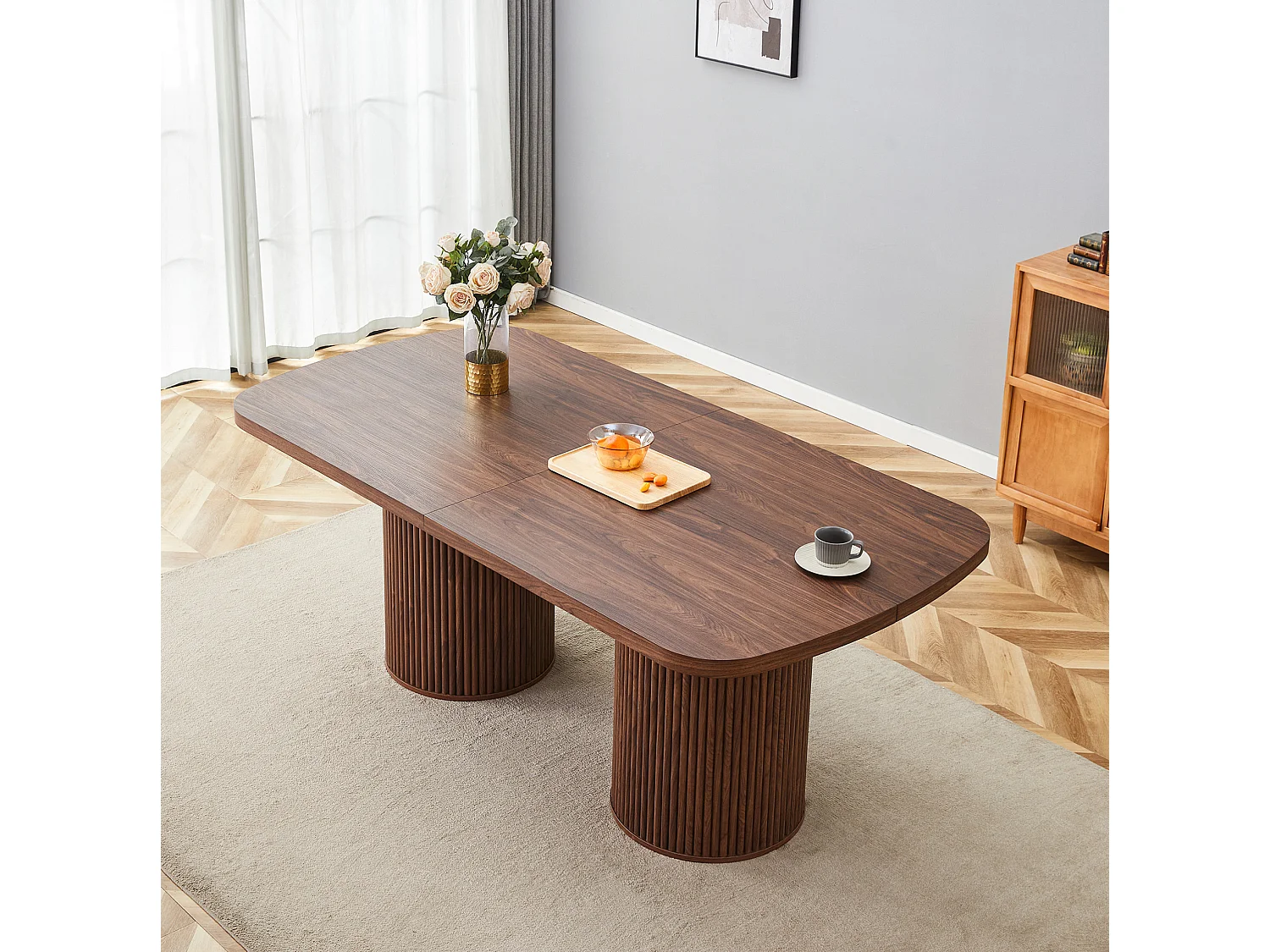 Table à manger ovale 180 x 90 cm marron pour 6 à 8 places - Pied central cannelé