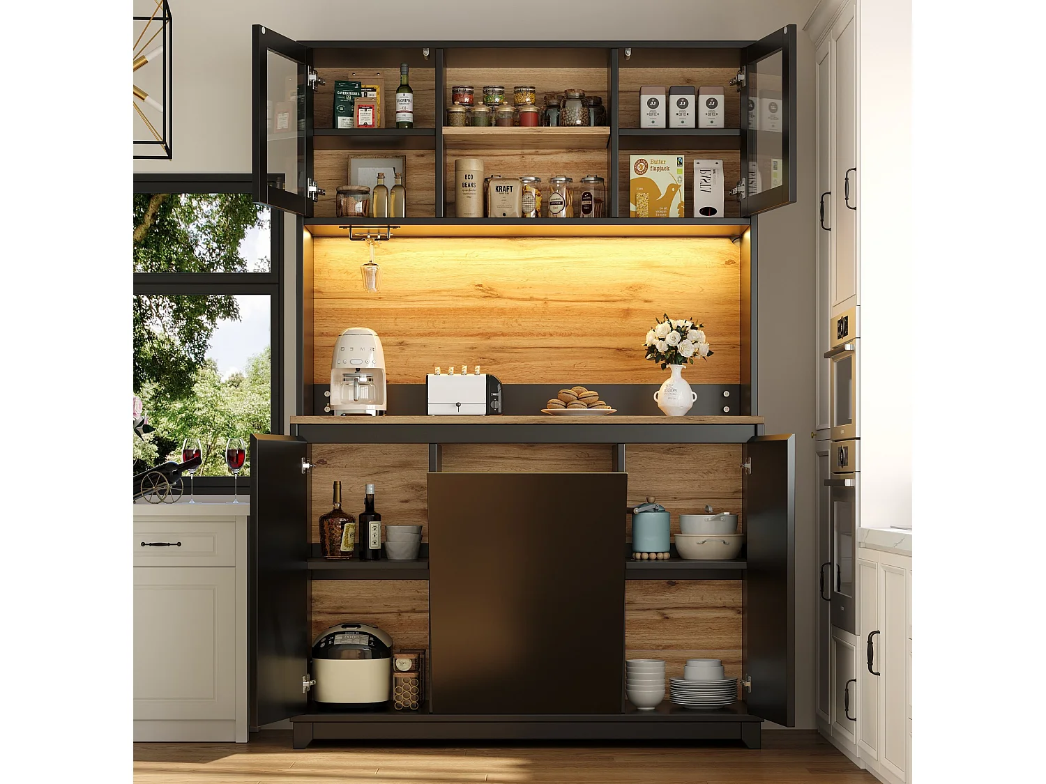 Buffet de cuisine 120x40x180 cm avec portes en acrylique et éclairage LED - Noir