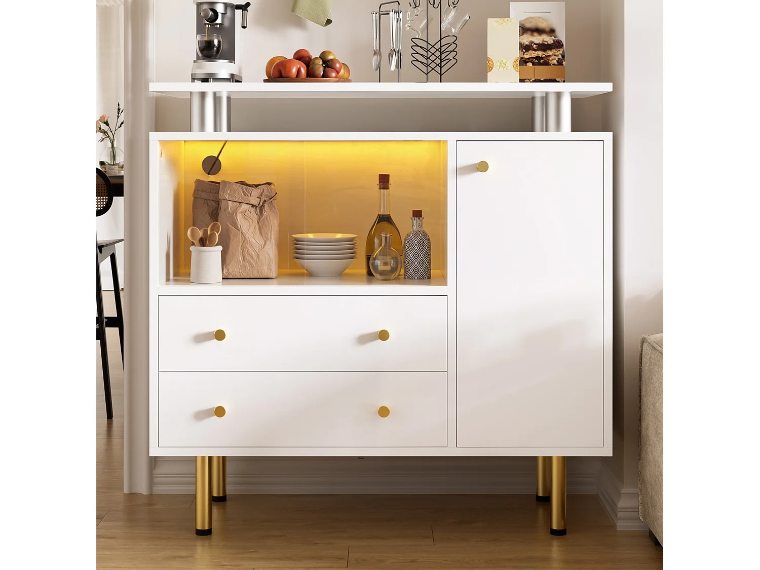 Buffet LED avec 2 portes coulissantes en verre et 2 tiroirs - Blanc 80 × 35 × 80 cm
