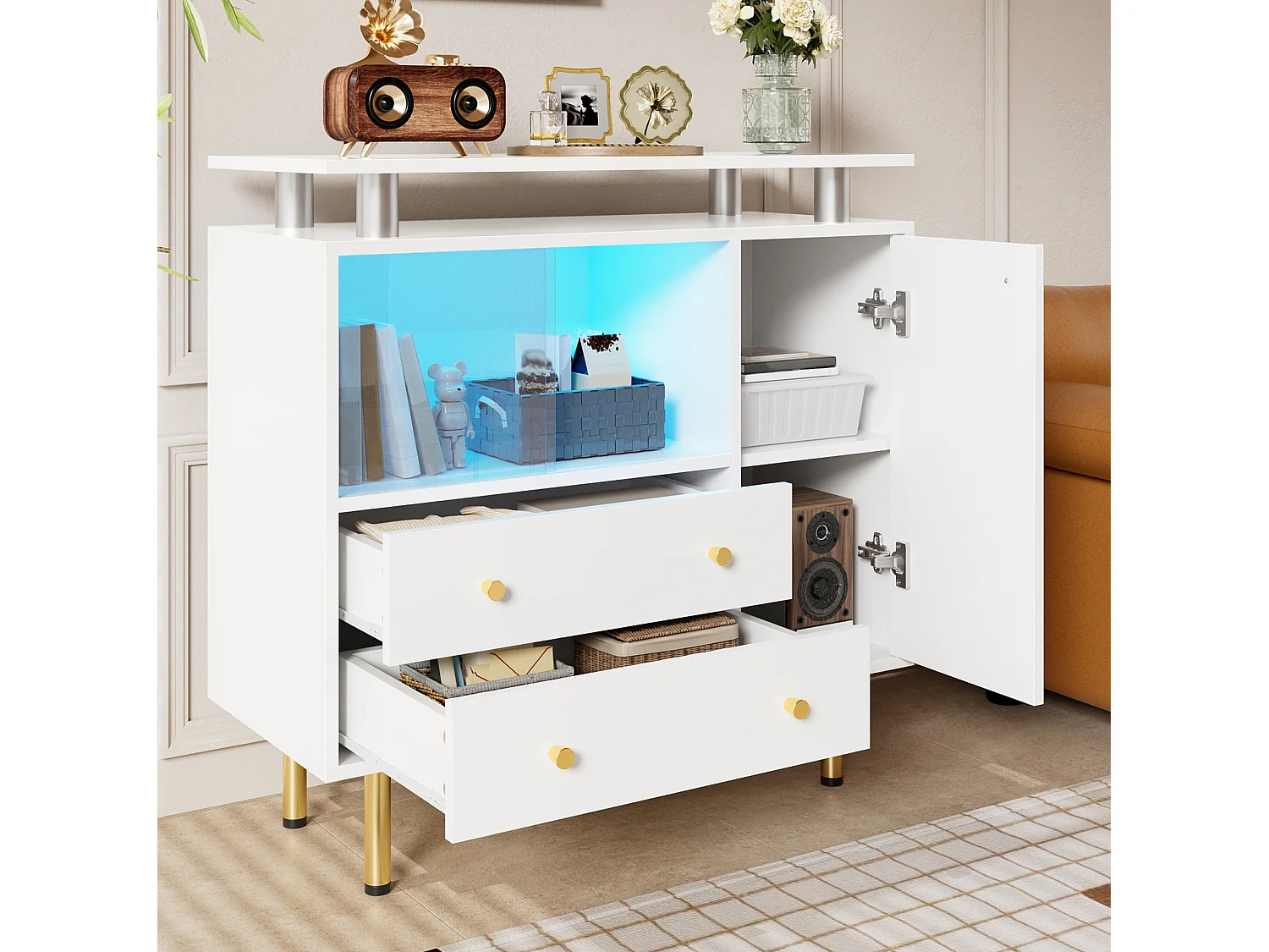 Buffet LED avec 2 portes coulissantes en verre et 2 tiroirs - Blanc 80 × 35 × 80 cm