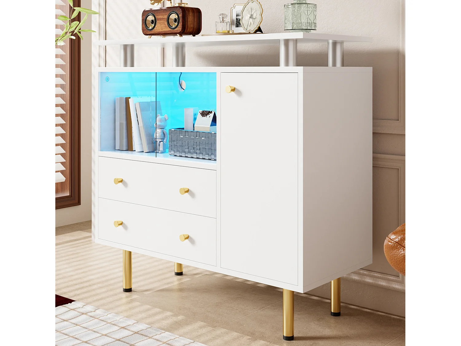 Buffet LED avec 2 portes coulissantes en verre et 2 tiroirs - Blanc 80 × 35 × 80 cm